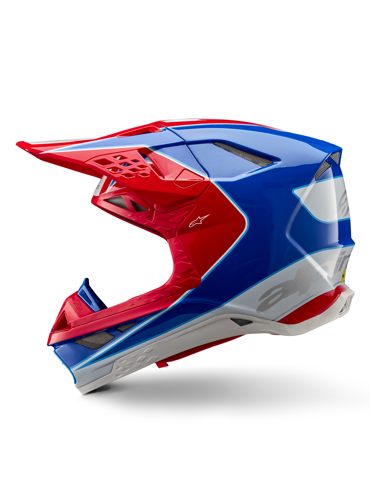 Alpinestars Supertech M10 Aeon ECE 22.06 Helmet, Motocross Helmet, Bright Red Blue Glossy, side profile view, aerodynamic multi-composite shell with integrated ventilation ports and red and blue graphic design, glossy finish for off-road racing