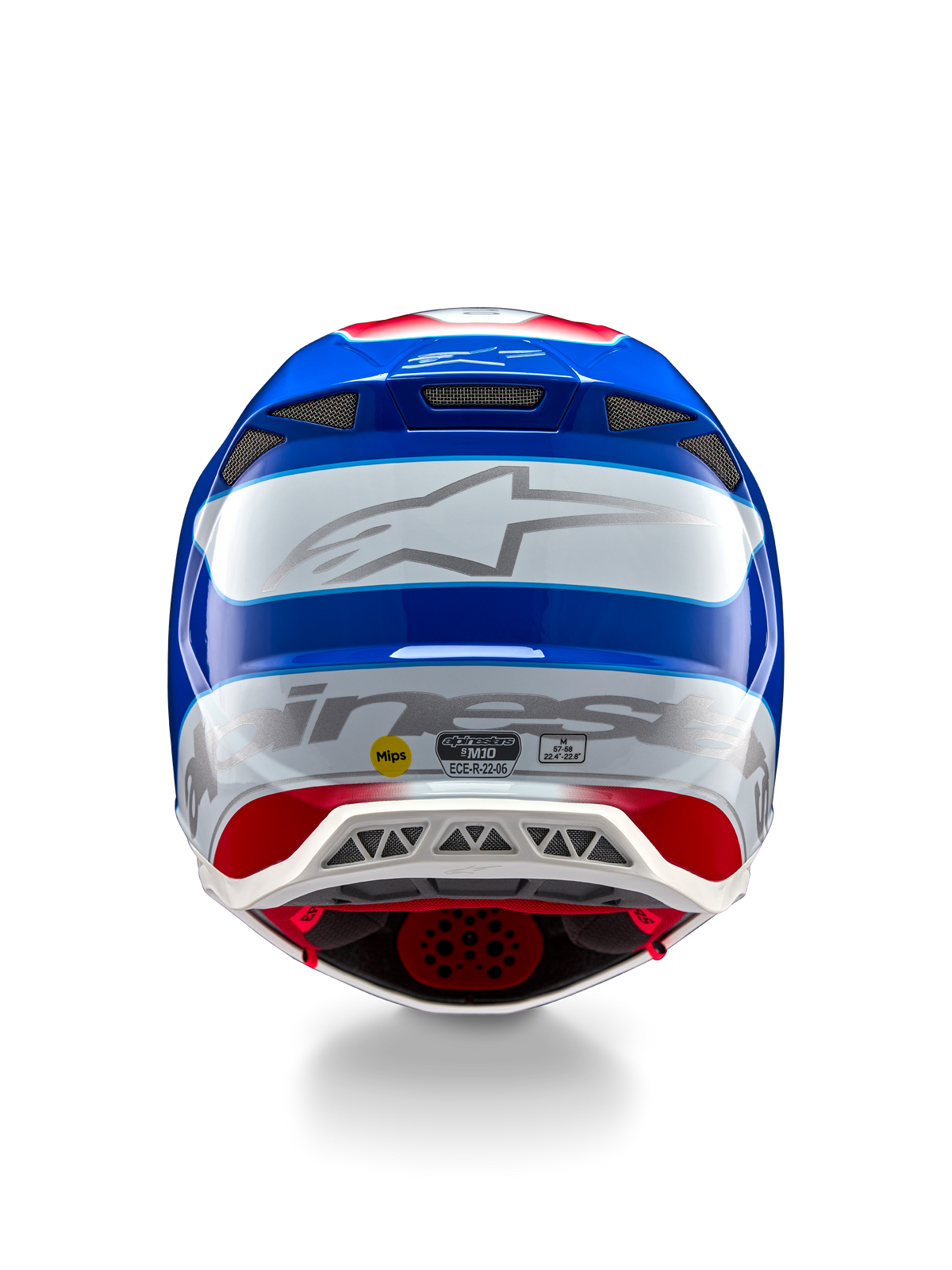Alpinestars Supertech M10 Aeon ECE 22.06 Helmet, Motocross Helmet, Rear View, Bright Red Blue Glossy finish, large silver Alpinestars logo, multiple ventilation ports, MIPS and ECE safety stickers, professional racing protection
