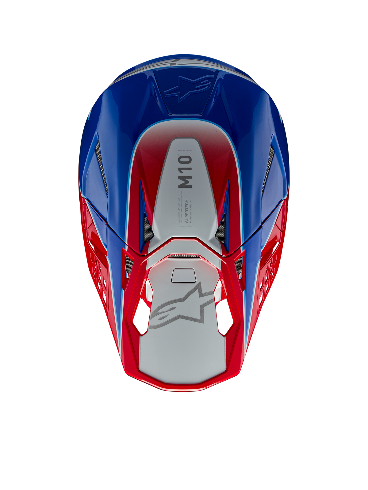 Alpinestars Supertech M10 Aeon Helmet, Motocross Helmet, Bright Red and Blue Glossy, top-down view showing silver central panel with M10 branding, aerodynamic shell with red and blue accents, mesh ventilation ports, high-performance motocross head protection