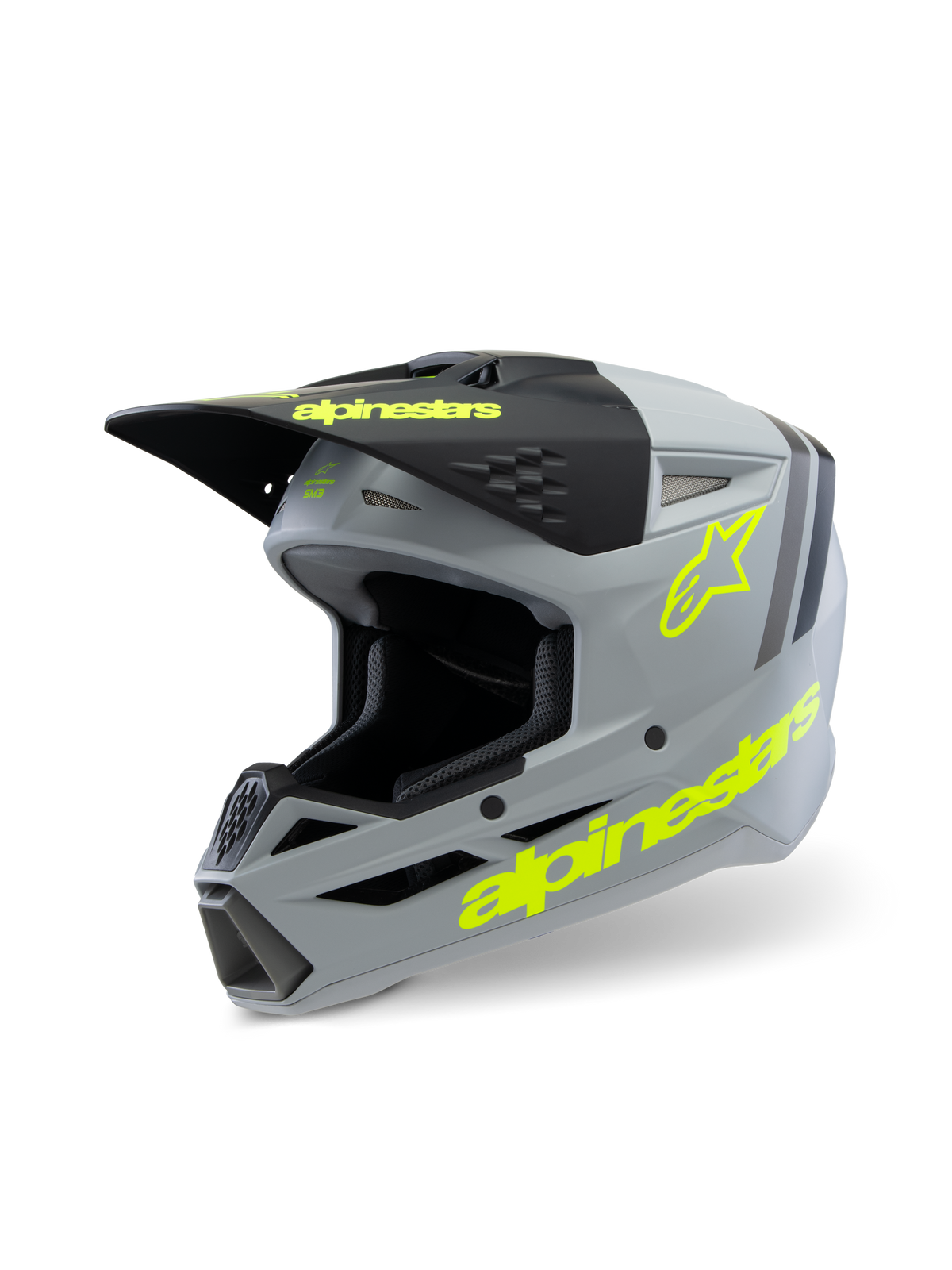 Alpinestars S-M3 Radium-hjälm för ungdomar ECE 22.06, motocrosshjälm, matt grå och svart med neongula detaljer, framträdande Alpinestars-logotyp och stjärnsymbol, skyddsutrustning för terrängkörning för ungdomar