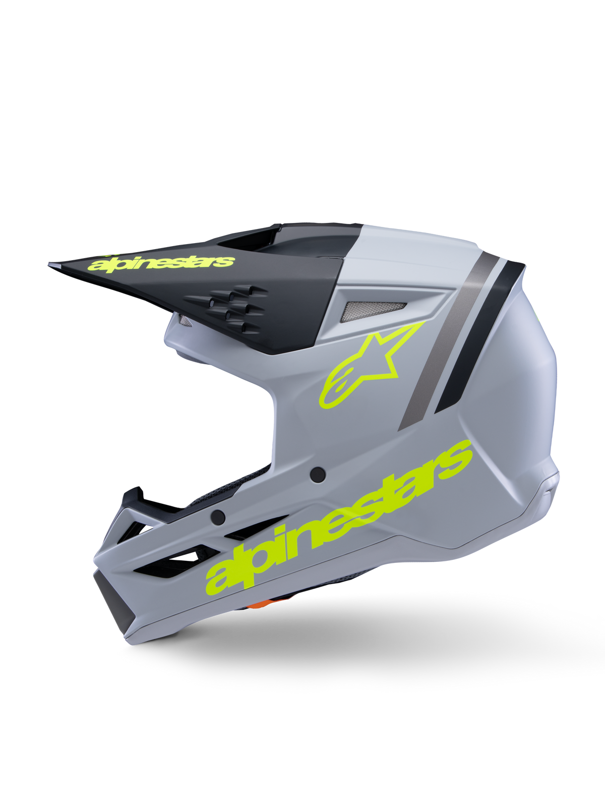 Alpinestars S-M3 Youth Radium hjälm ECE 22.06, motocrosshjälm, grå, svart och gul fluo matt, vy från sidan med gula fluorescerande Alpinestars-logotyper och svart skärm, strömlinjeformad skyddsutrustning för unga förare