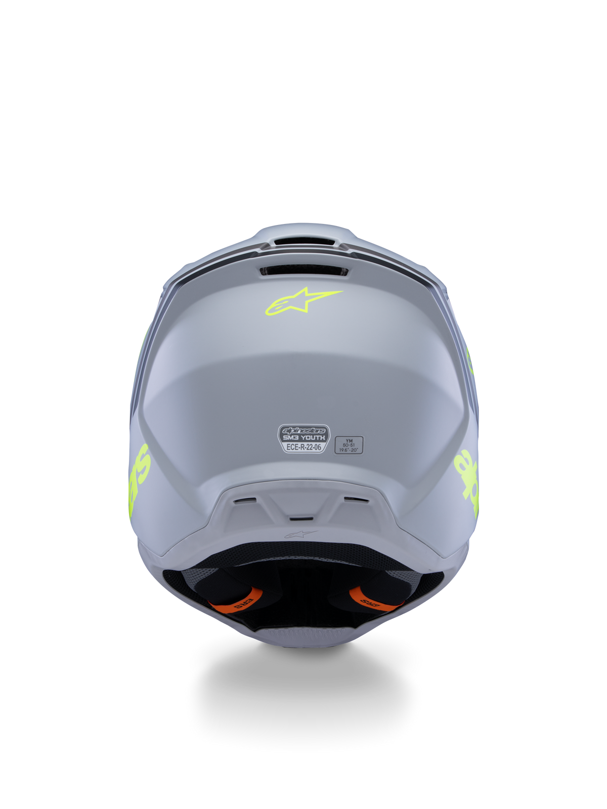 Alpinestars S-M3 Radium-hjälm för ungdomar ECE 22.06, grå, svart och neongul matt, vy bakifrån som visar ventilationsöppningar och certifieringsetiketter, neongul stjärnlogotyp, aerodynamisk skaldesign för motocross och terrängkörning