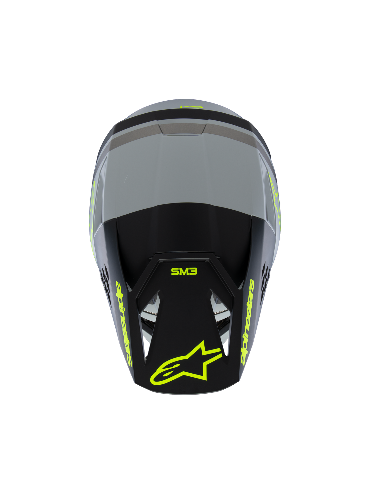 Alpinestars S-M3 Radium-hjälm för ungdom ECE 22.06, motocrosshjälm, matt grå och svart med neongula detaljer, vy ovanifrån som visar Alpinestars- och SM3-logotyper, specialiserat huvudskydd för terrängkörning för ungdomar