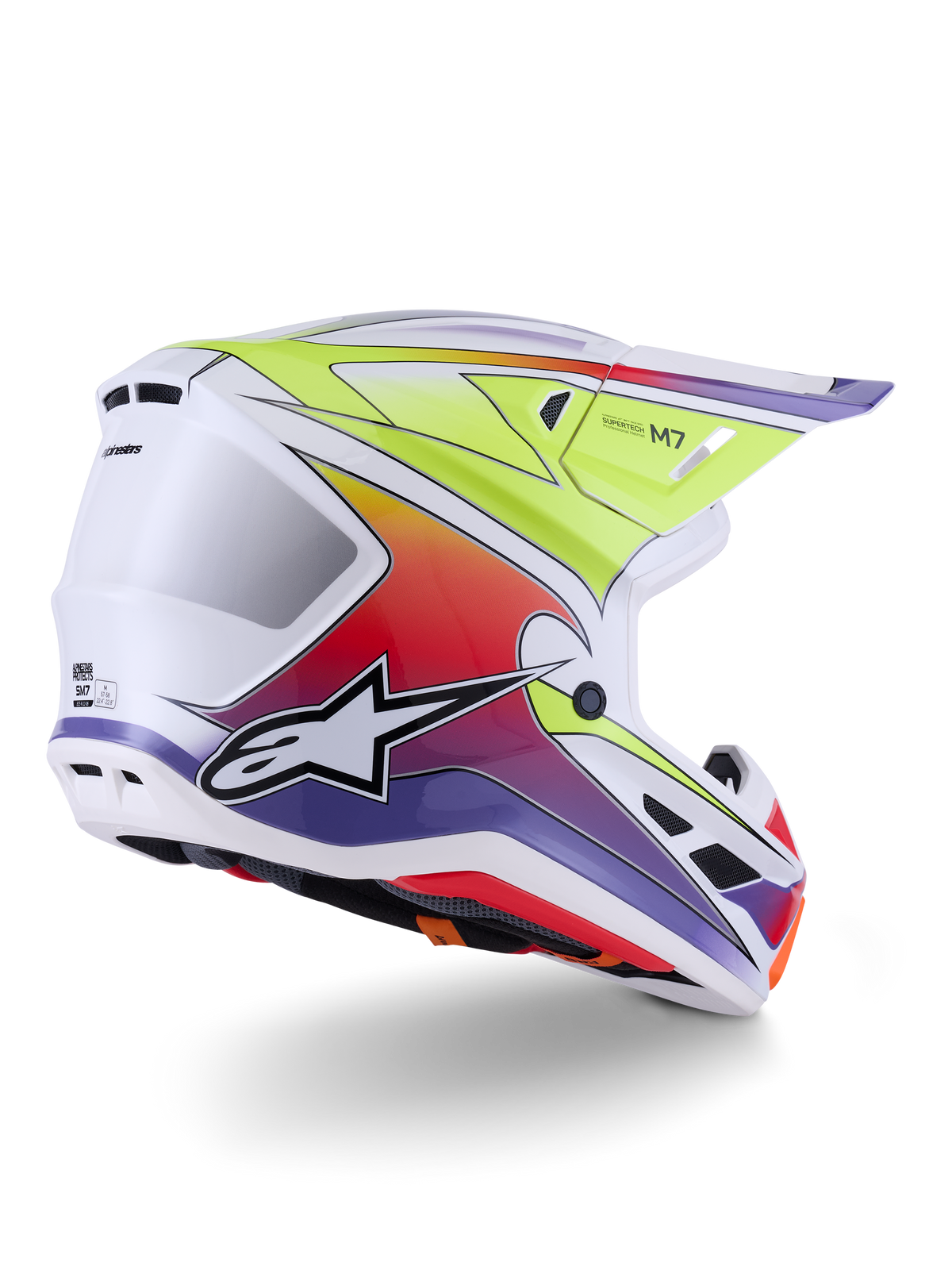 Alpinestars S-M7 Fuse Helmet, Motocross Helmet, White Yellow Fluo and Purple Glossy, vibrant multi-color gradient graphics with prominent black and white star logo, aerodynamic composite shell with integrated ventilation ports, designed for off-road racing