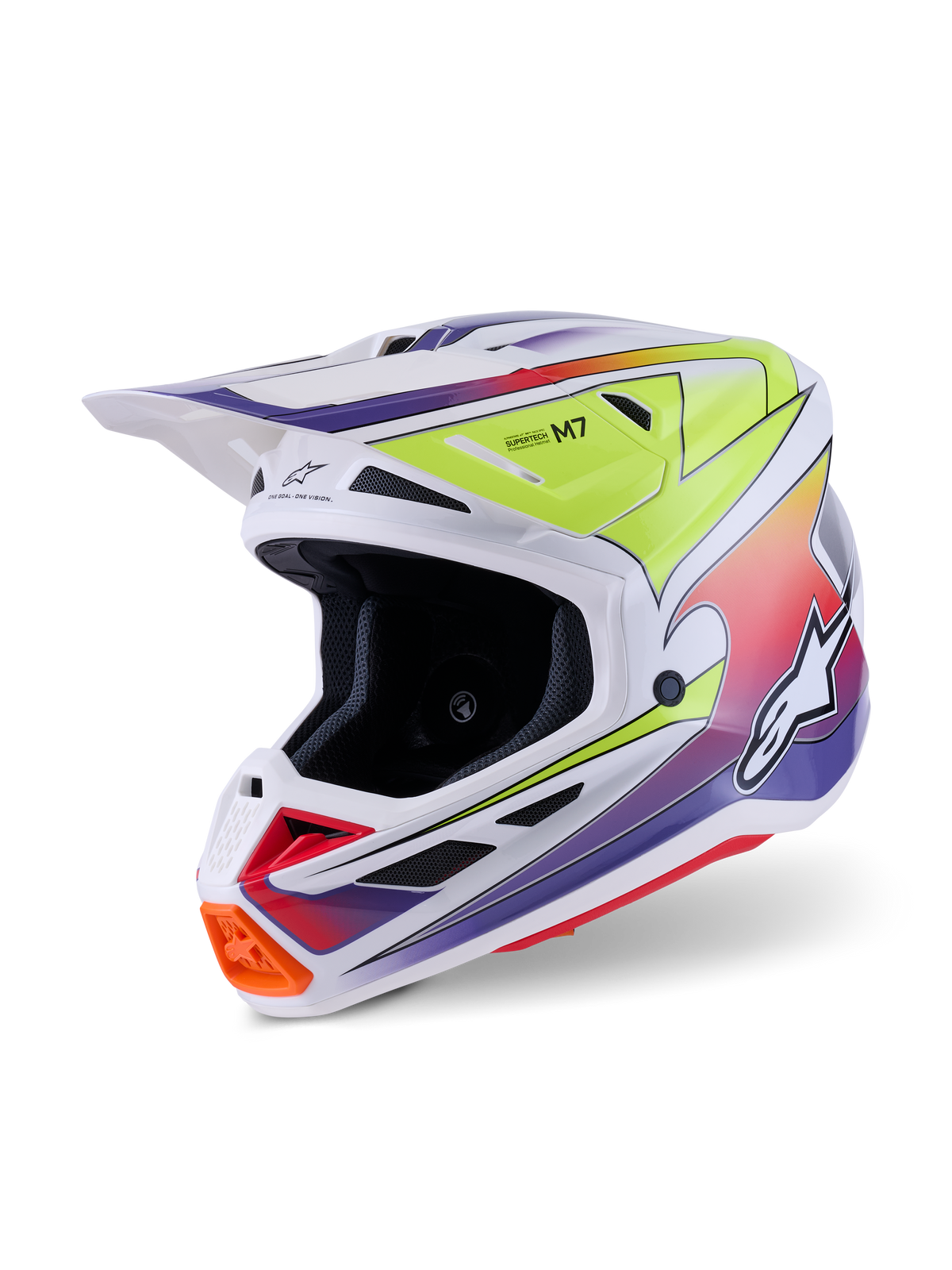 Alpinestars S-M7 Fuse Helmet, Motocross Helmet, White with Yellow Fluo and Purple gradient graphics, featuring a streamlined composite shell, integrated visor, multiple mesh vents, and high-performance racing design for off-road use