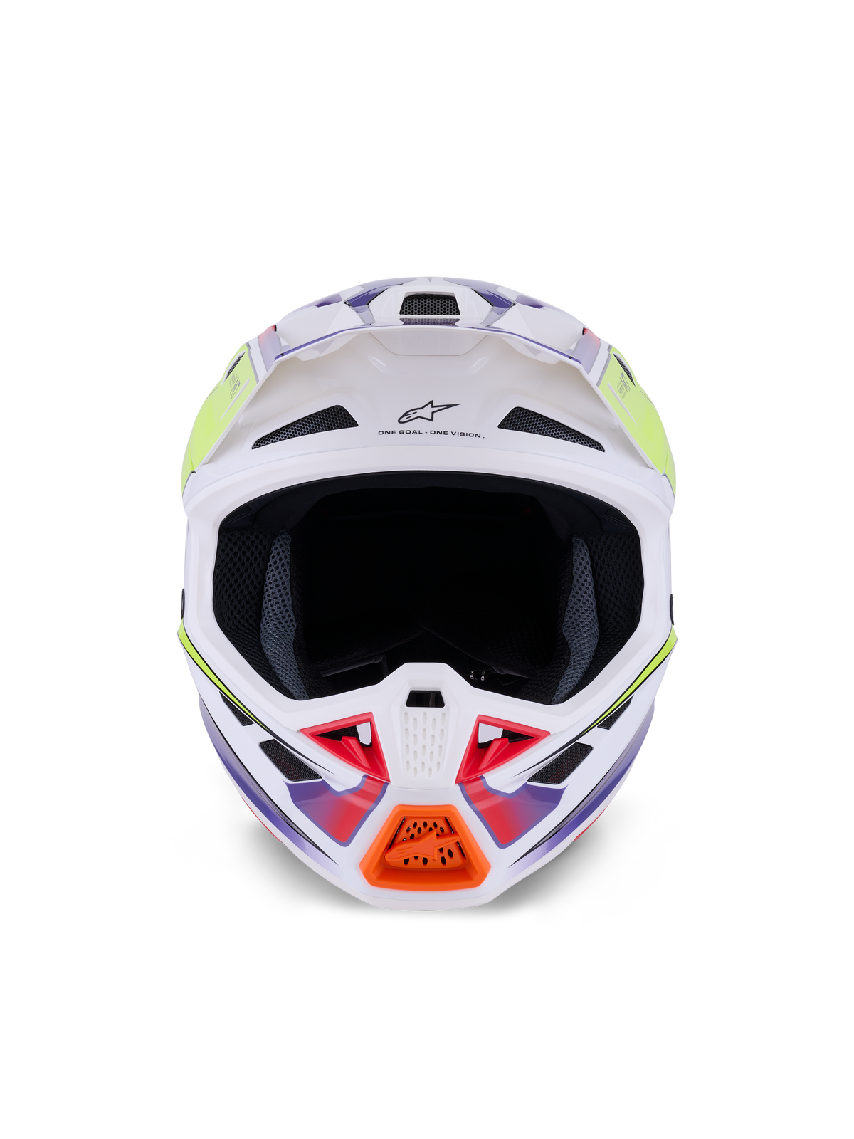 Alpinestars S-M7 Fuse Helmet, Motocross Helmet, White Yellow Fluo and Purple Glossy, front view featuring multiple air intake vents, aerodynamic composite shell, and orange chin guard detail.