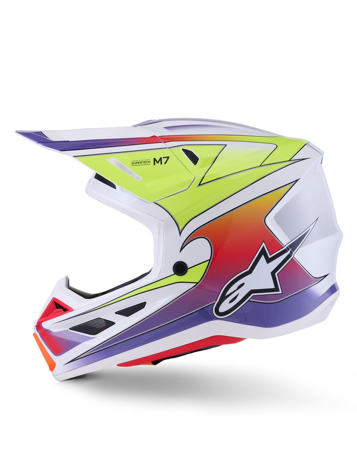 Alpinestars S-M7 Fuse Helmet, Motocross Helmet, White Yellow Fluo and Purple Glossy, side profile view showing aerodynamic shell with colorful gradient graphics, black ventilation ports, and white Alpinestars logo, high-performance off-road racing gear.