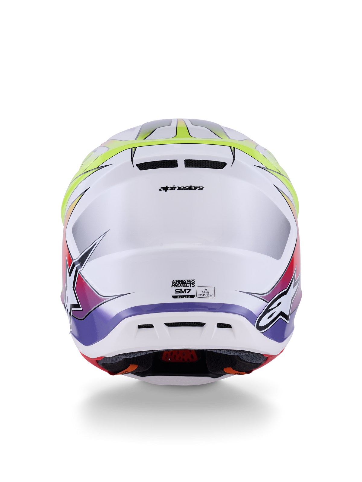 Alpinestars S-M7 Fuse Helmet ECE 22.06, Motocross Helmet, White Yellow Fluo and Purple Glossy, back view showing integrated exhaust vents, Alpinestars branding, and side logos, sleek aerodynamic shell design.