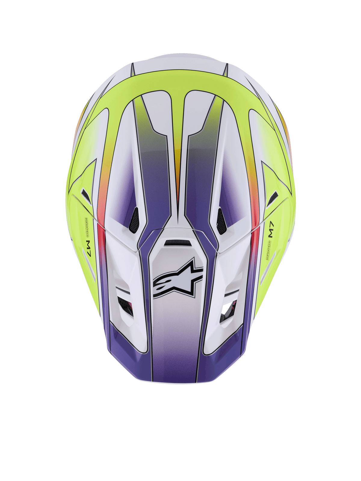 Alpinestars S-M7 Fuse Helmet, Motocross Helmet, White Yellow Fluo and Purple Glossy, top-down view showing aerodynamic shell with ventilation ports and black Alpinestars logo, premium off-road racing protection