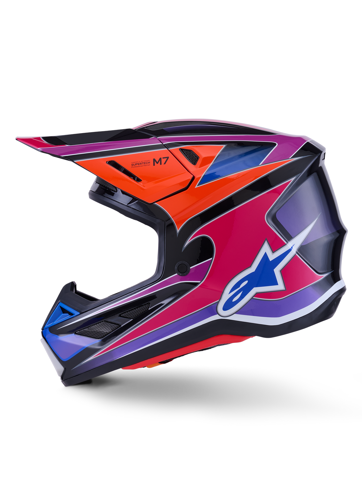 Alpinestars S-M7 Fuse-hjälm, motocrosshjälm, blå, lila, rosa och orange i glansig finish, livfull flerfärgad grafisk design med blå Alpinestars-logotyp, aerodynamiskt kompositskal med skyddande visir och ventilationsportar, professionell racingutrustning för terrängkörning