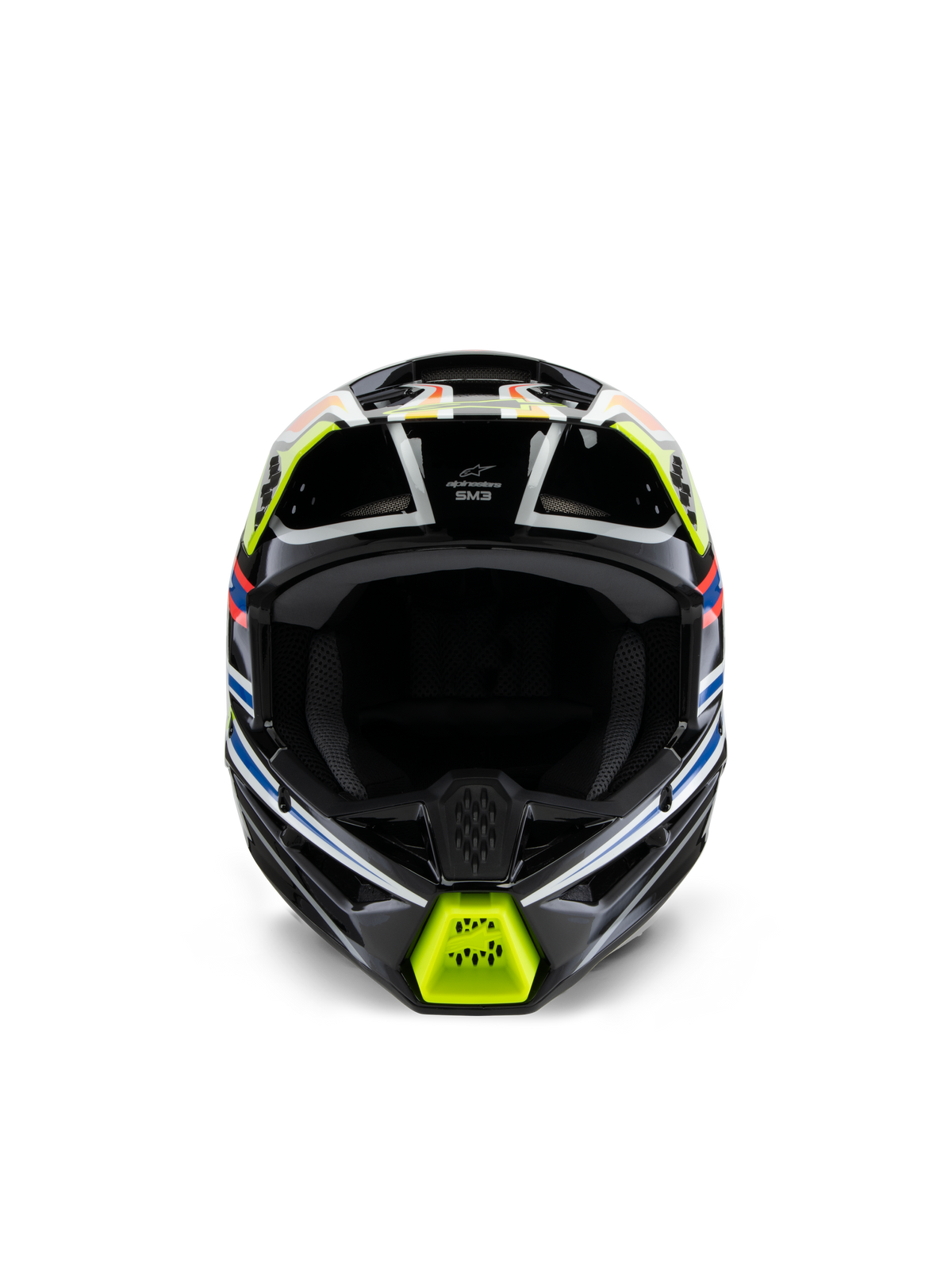 Alpinestars S-M3 Youth Wurx-hjälm, vy framifrån, svart med fluorescerande gula, blå och röda detaljer, skyddsutrustning för motocross för ungdomar, svart bas med livfull geometrisk grafik, integrerade ventilationsöppningar och gult hakskydd, offroad-racingstil