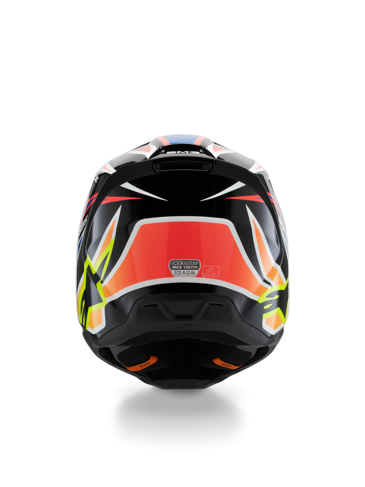 Alpinestars S-M3 Youth Wurx Helmet ECE 22.06, Motocross Helmet, Rear view, Black with red, fluorescent yellow, and blue graphics, featuring bold angular patterns, star logos, and ECE 22.06 certification sticker, designed for youth off-road racing
