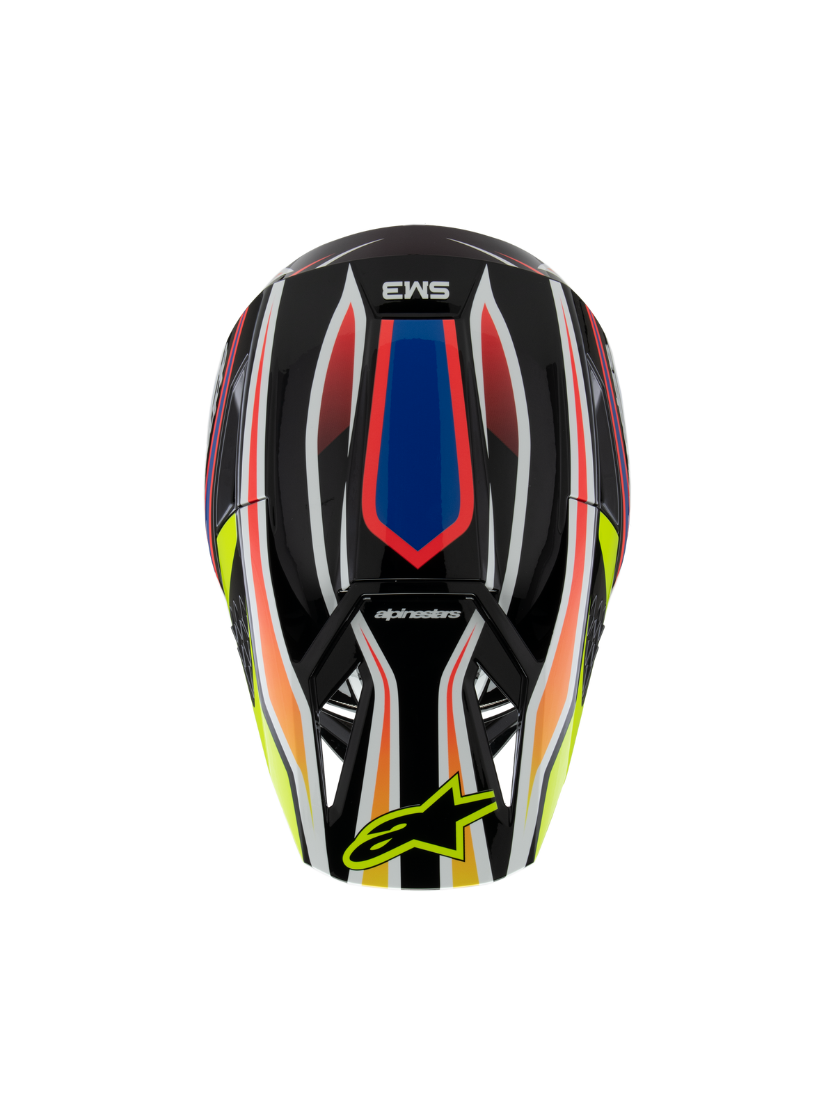 Alpinestars S-M3 Youth Wurx Helmet ECE 22.06, Motocross Helmet, Black with vibrant Red, Blue, and Yellow graphics, top view featuring SM3 logo and yellow Alpinestars logo on the visor, off-road protective gear
