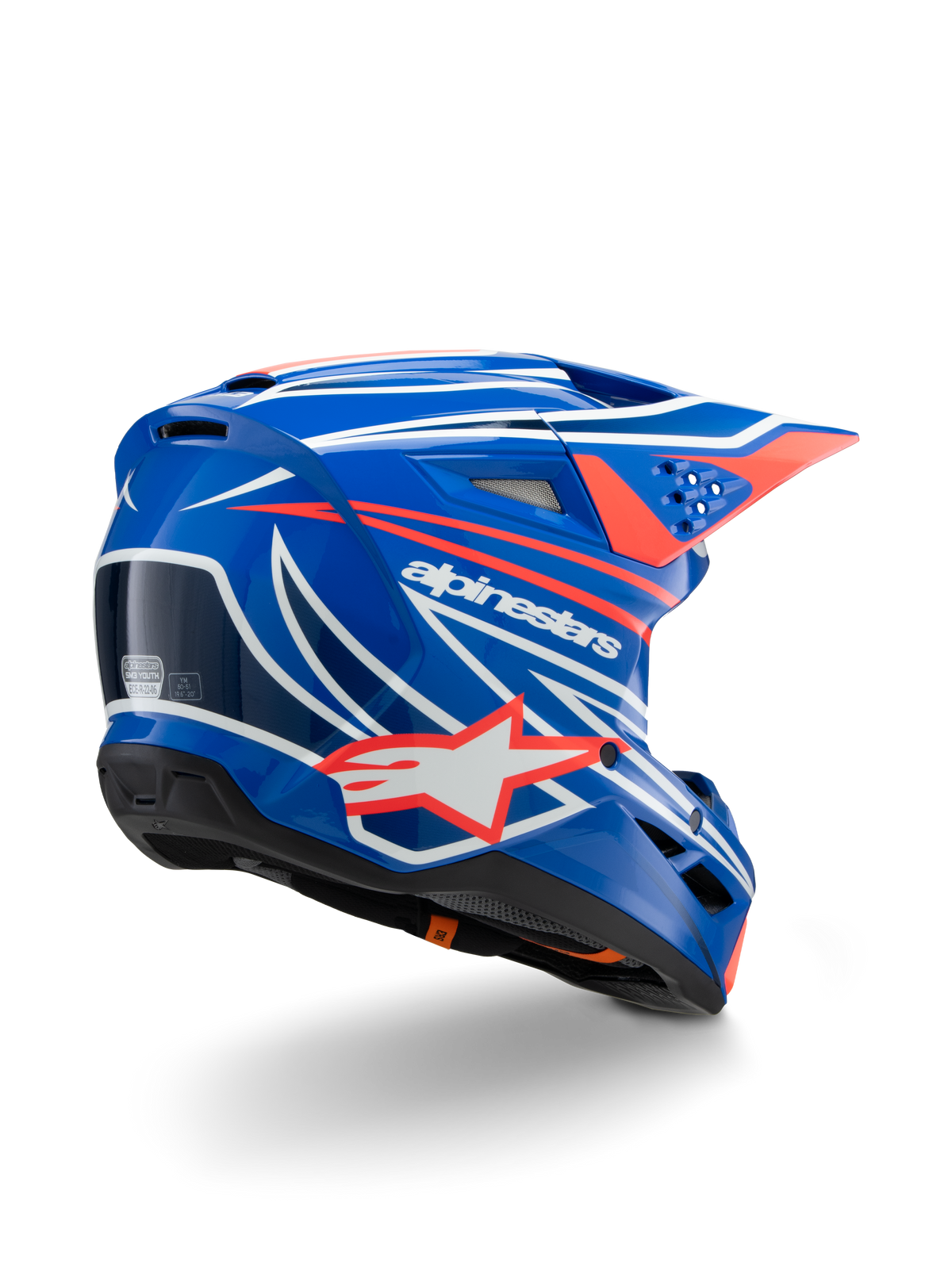 Alpinestars S-M3 Youth Wurx Helmet, Motocross Helmet, Glossy Blue with Red White and Black graphics, back three-quarter view showing aerodynamic shell, ventilation ports, and bold Alpinestars branding, protective headwear for off-road racing