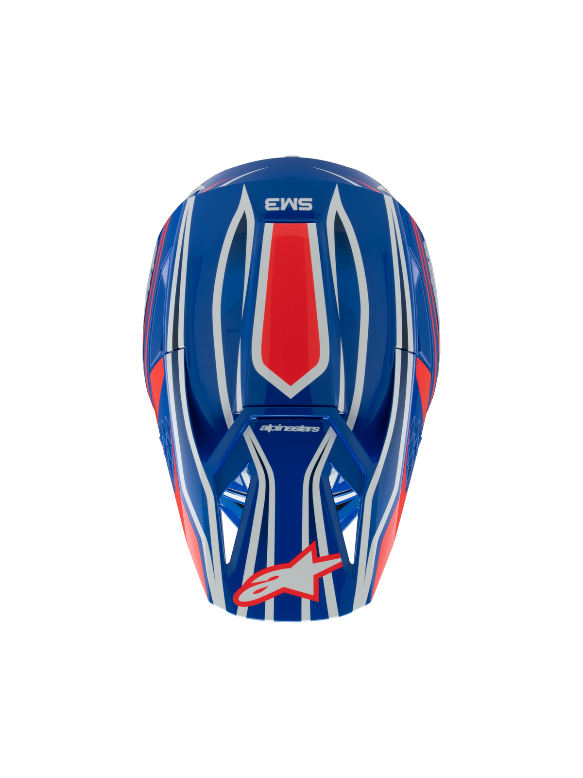 Alpinestars S-M3 Youth Wurx Helmet, Motocross Helmet, Blue Red White and Black Glossy, top-down view showing red and white graphic patterns, Alpinestars logo on the visor, specialized youth off-road head protection.