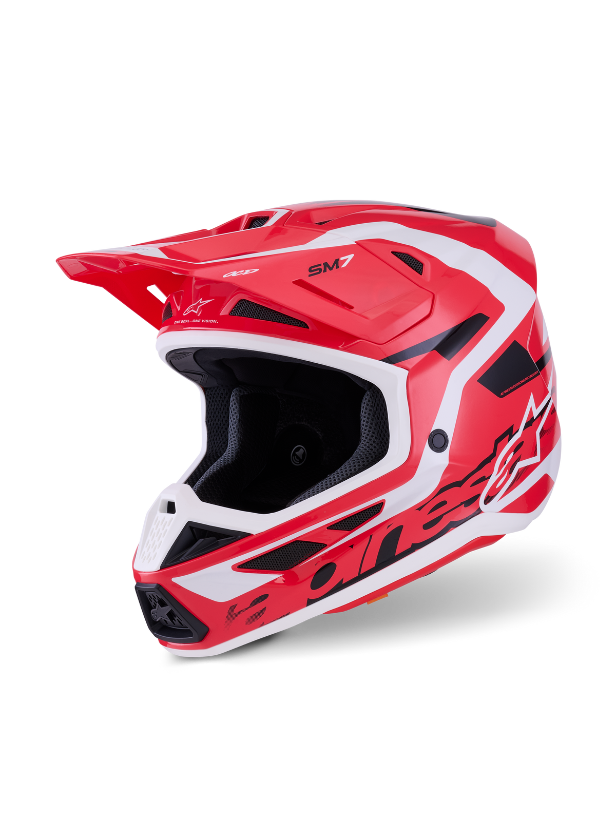Alpinestars S-M7 Deed-hjälm, motocrosshjälm, röd, svart och vit med glansig finish, med ett strömlinjeformat aerodynamiskt skal, tydliga logotyper, integrerade ventilationsöppningar och ett skyddande visir för terrängkörning
