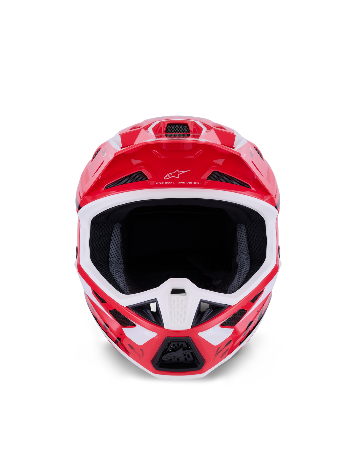 Alpinestars S-M7 Deed-hjälm, motocrosshjälm, röd, svart och vit med glansig finish, vy framifrån som visar den stora ansiktsöppningen och det ventilerade hakpartiet, med Alpinestars-logotyp och motto på visiret, designad för skydd vid terrängkörning