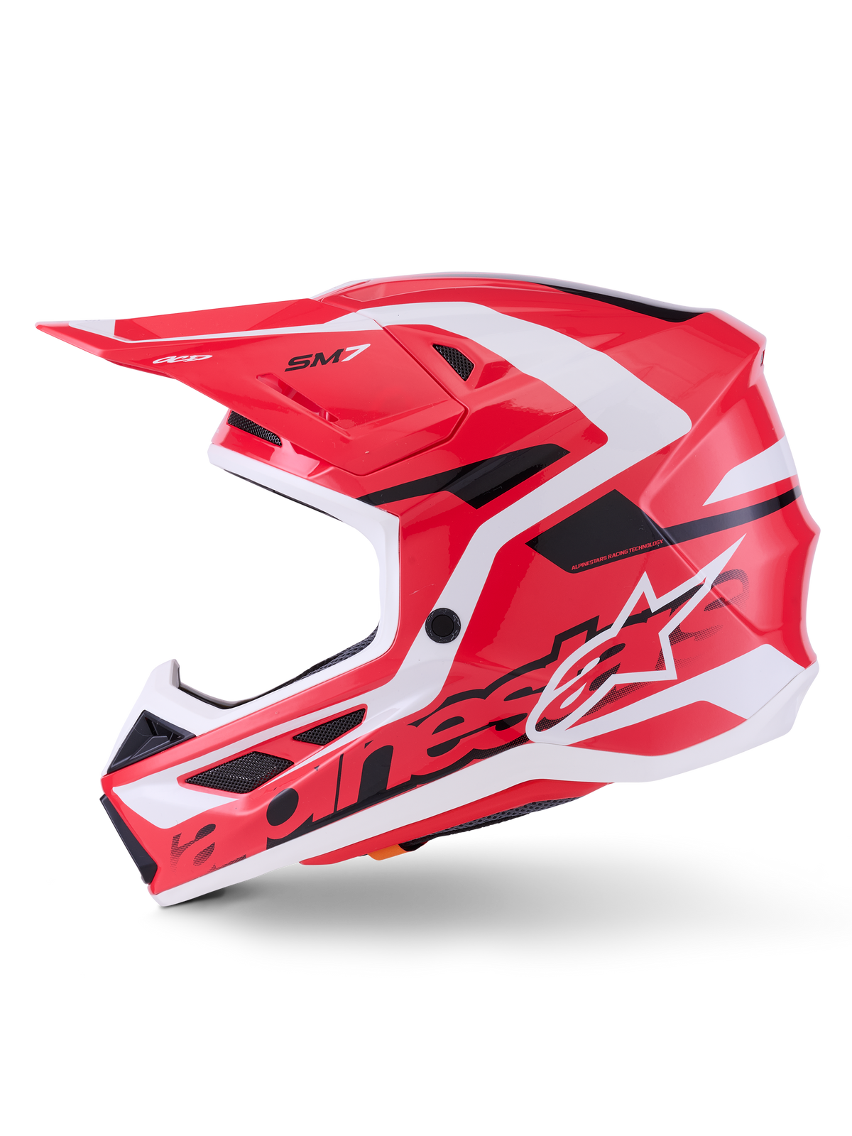 Alpinestars S-M7 Deed-hjälm ECE 22.06, motocrosshjälm, röd, svart och vit glansig, sidoprofil som visar aerodynamiskt kompositskal, ventilationsöppningar och Alpinestars-logotyp, designad för skydd vid terrängkörning