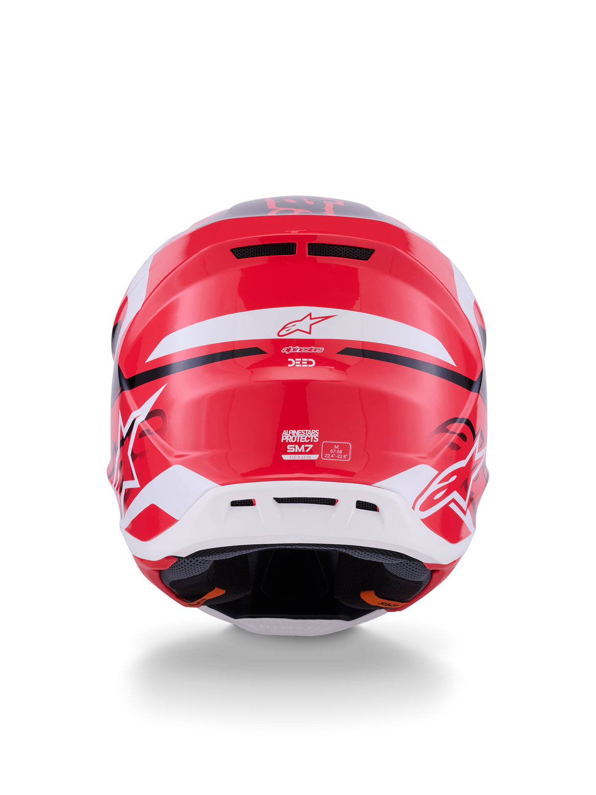 Alpinestars S-M7 Deed hjälm, vy bakifrån, röd, svart och vit blank finish, med ett strömlinjeformat kompositskal, bakre ventilationsutsläpp och Alpinestars-branding, professionellt huvudskydd för motocrossracing