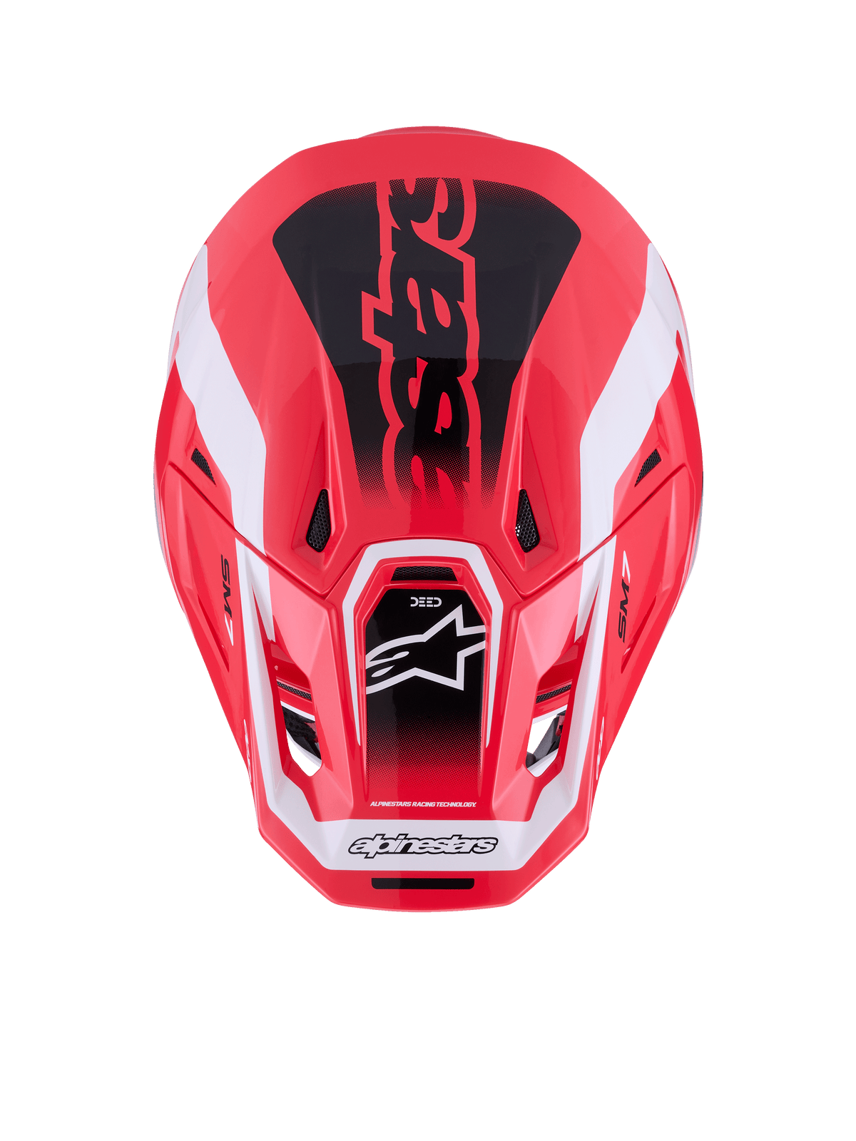 Alpinestars S-M7 Deed-hjälm, motocrosshjälm, röd, svart och vit högblank, vy ovanifrån som visar det aerodynamiska kompositskalet och ventilationsöppningar, med Astars-logotyp och tydlig grafik, professionell racingutrustning för terrängkörning
