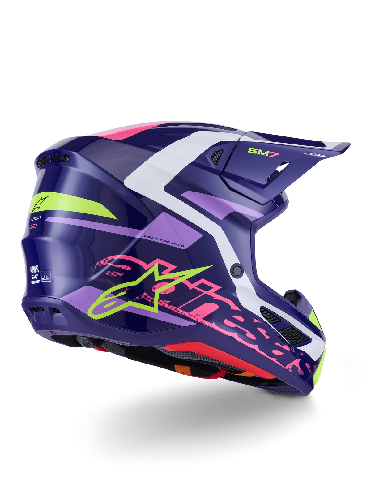 Alpinestars S-M7 Deed Helmet, motocrosshjälm, lila och rosa med glansig finish, vy från sidan och bakifrån med vita och limegröna detaljer, framträdande rosa Alpinestars-logotyp och stjärna, aerodynamisk kompositskaldesign för terrängkörning