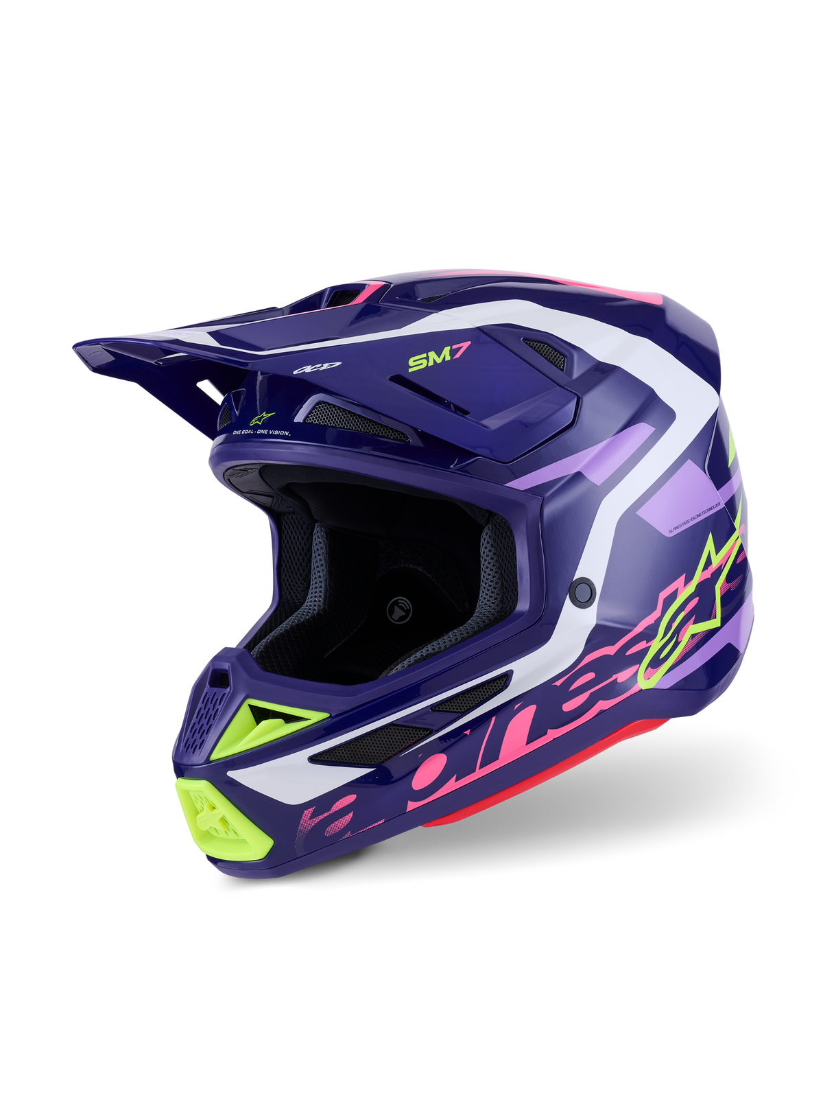 Alpinestars S-M7 Deed hjälm, motocrosshjälm, Purple Pink Glossy, mörklila bas med detaljer i neongult, rosa och vitt, aerodynamisk design med integrerade ventilationsöppningar och en framträdande skärm, högpresterande huvudskydd för terrängkörning