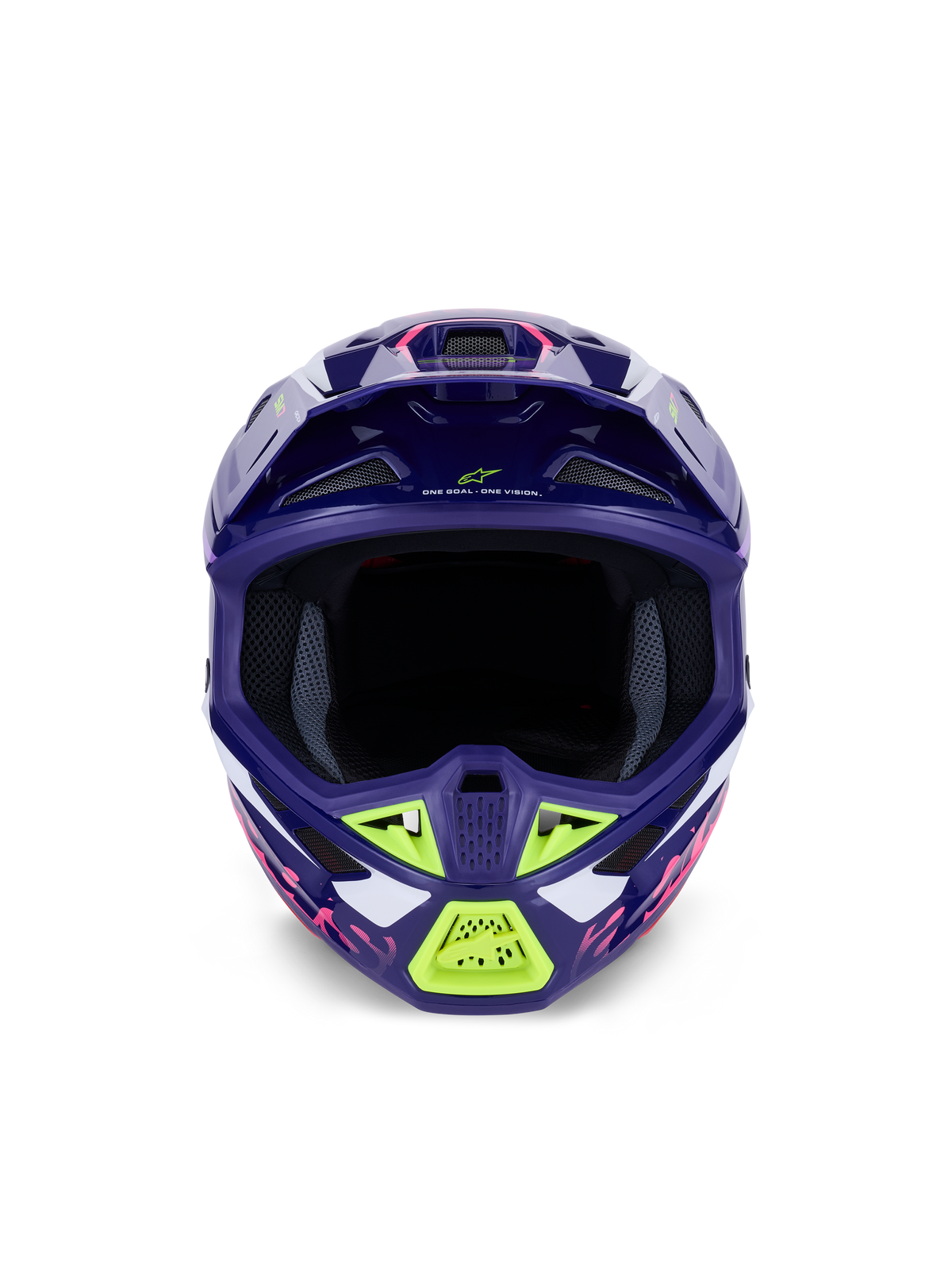 Alpinestars S-M7 Deed hjälm ECE 22.06, motocrosshjälm, glansig lila och rosa med limegröna och vita detaljer, vy framifrån som visar den breda öppningen för goggles och ventilationssystemet, aerodynamisk design i kompositskal för offroad-racing