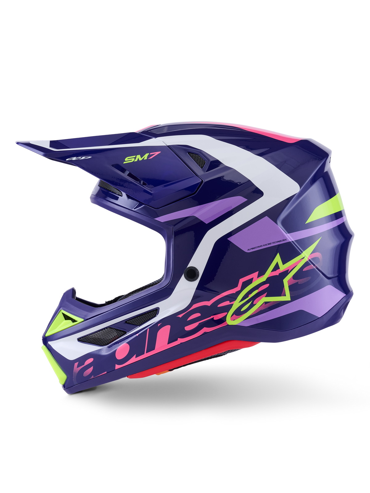 Alpinestars S-M7 Deed motocrosshjälm, Purple Pink Glossy, profilvy från sidan, med framträdande limegrön och rosa Alpinestars-grafik, aerodynamiskt skal med vita och ljuslila detaljer, glansig finish, designad för offroad-racing