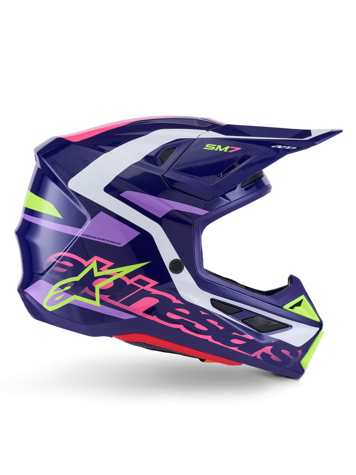 Alpinestars S-M7 Deed hjälm, motocrosshjälm, lila och rosa med glansig finish, sidoprofil, vita och limegröna grafiska detaljer, SM7-logotyp och tydlig Alpinestars-logotyp, aerodynamisk skaldesign i komposit för terrängkörning