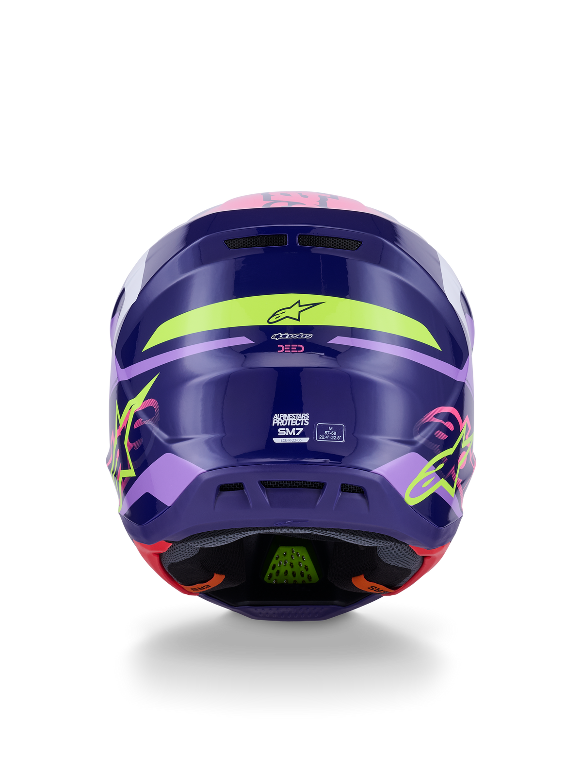 Alpinestars S-M7 Deed-hjälm ECE 22.06, motocrosshjälm, bakifrån i Purple Pink Glossy, med neongul och rosa grafik, aerodynamiskt kompositskal med SM7-branding och certifieringsmärkning, högpresterande utrustning för offroad-racing