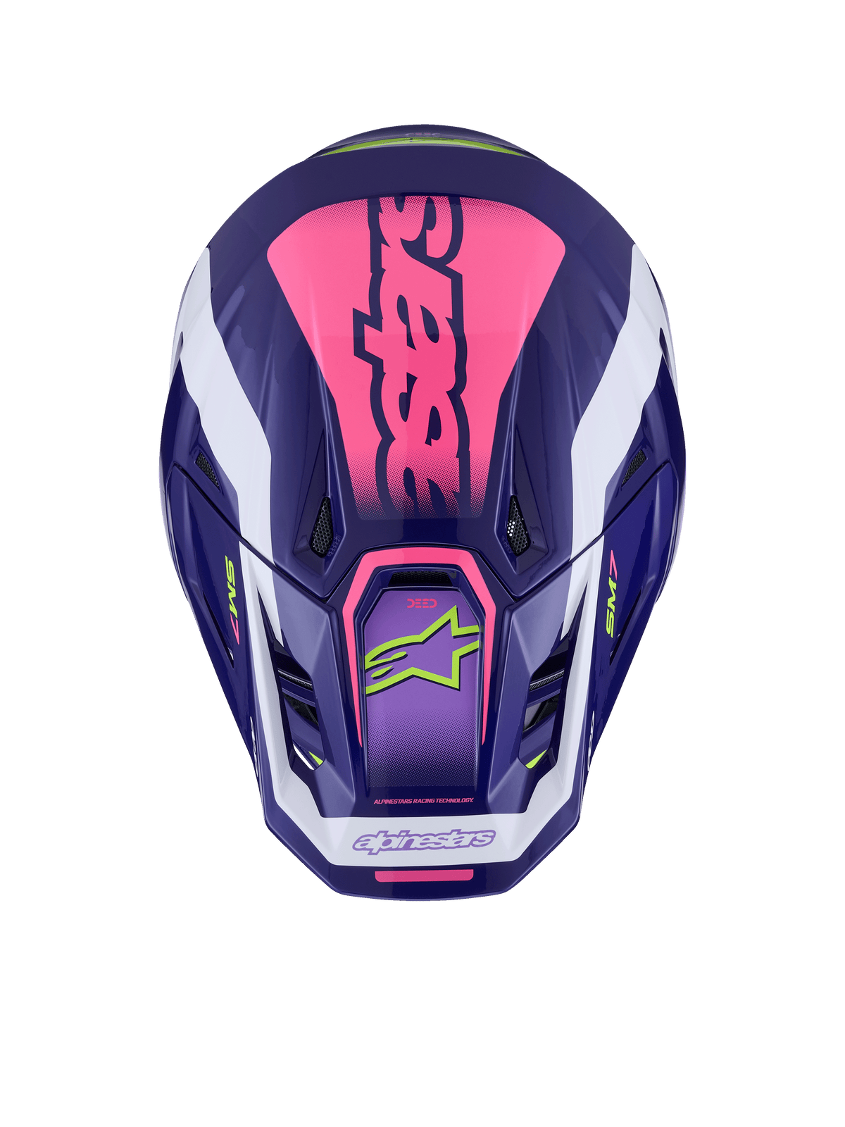 Alpinestars S-M7 Deed hjälm, vy uppifrån, Purple Pink Glossy, tydlig rosa logotyp på ovansidan, vita detaljer, limegröna logotyper, ventilationsöppningar, glansig finish, högpresterande motocrosskydd