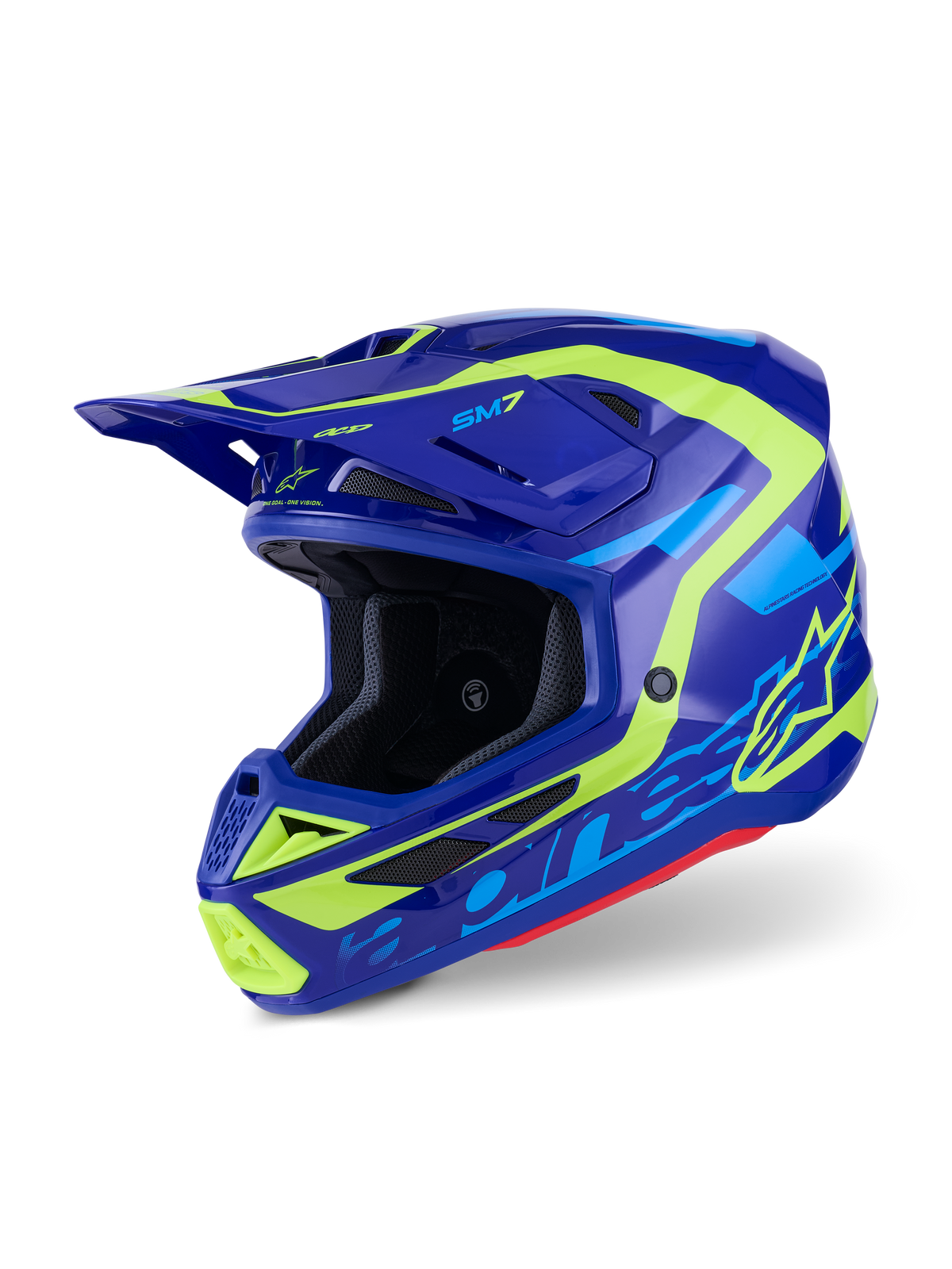 Alpinestars S-M7 Deed hjälm, motocrosshjälm, blå och fluorescerande gul med blank finish, aerodynamisk design med flera ventilationsöppningar, med tydlig Alpinestars-branding och SM7-logotyp, professionellt skydd för terrängkörning