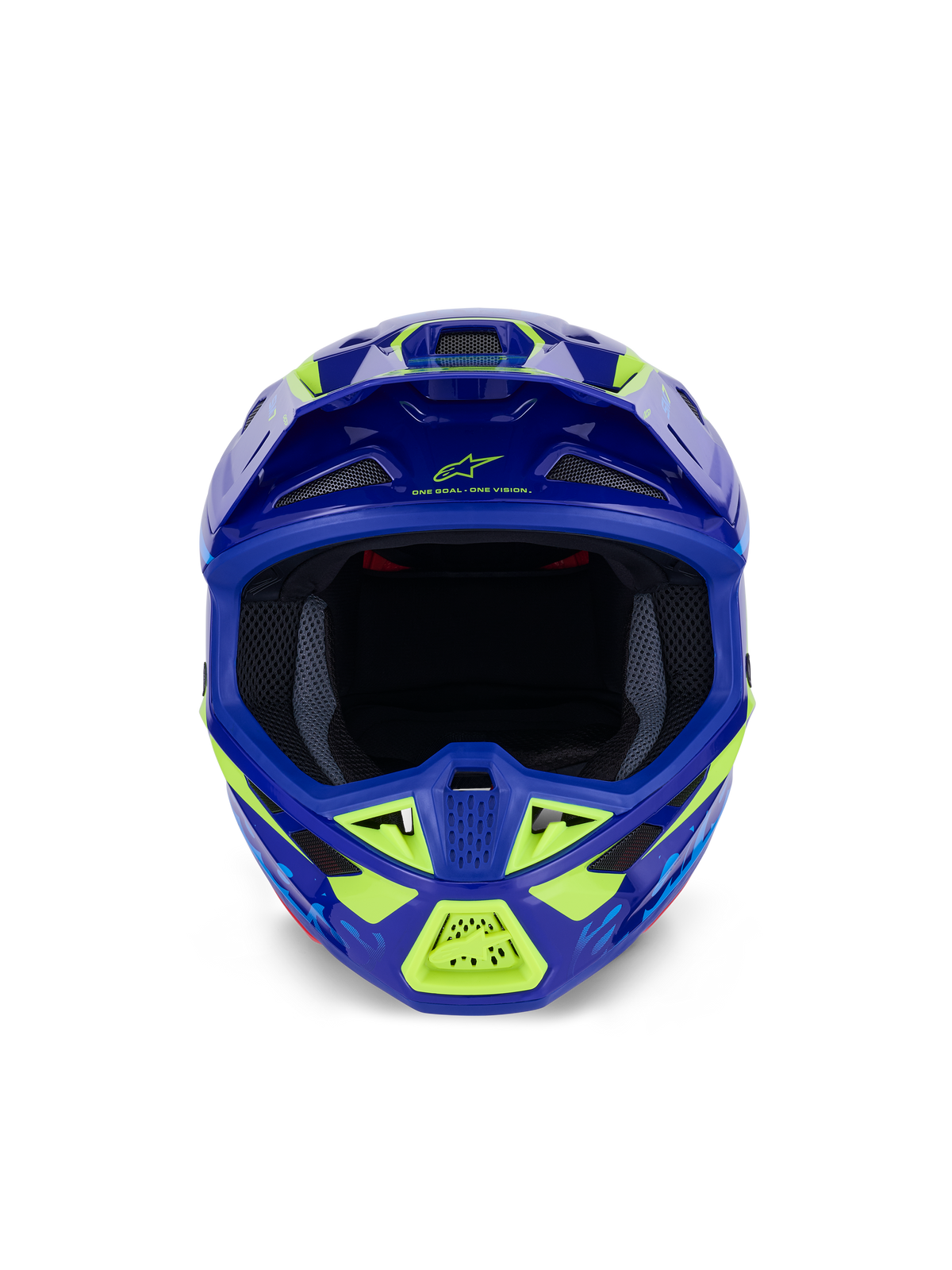 Alpinestars S-M7 Deed-hjälm, motocrosshjälm, blå och neongul glansig finish, framifrån sedd med fokus på den breda ögonöppningen och flera nätförsedda luftintag, aerodynamiskt skal med neongula detaljer och Alpinestars varumärke, professionellt huvudskydd för offroadracing