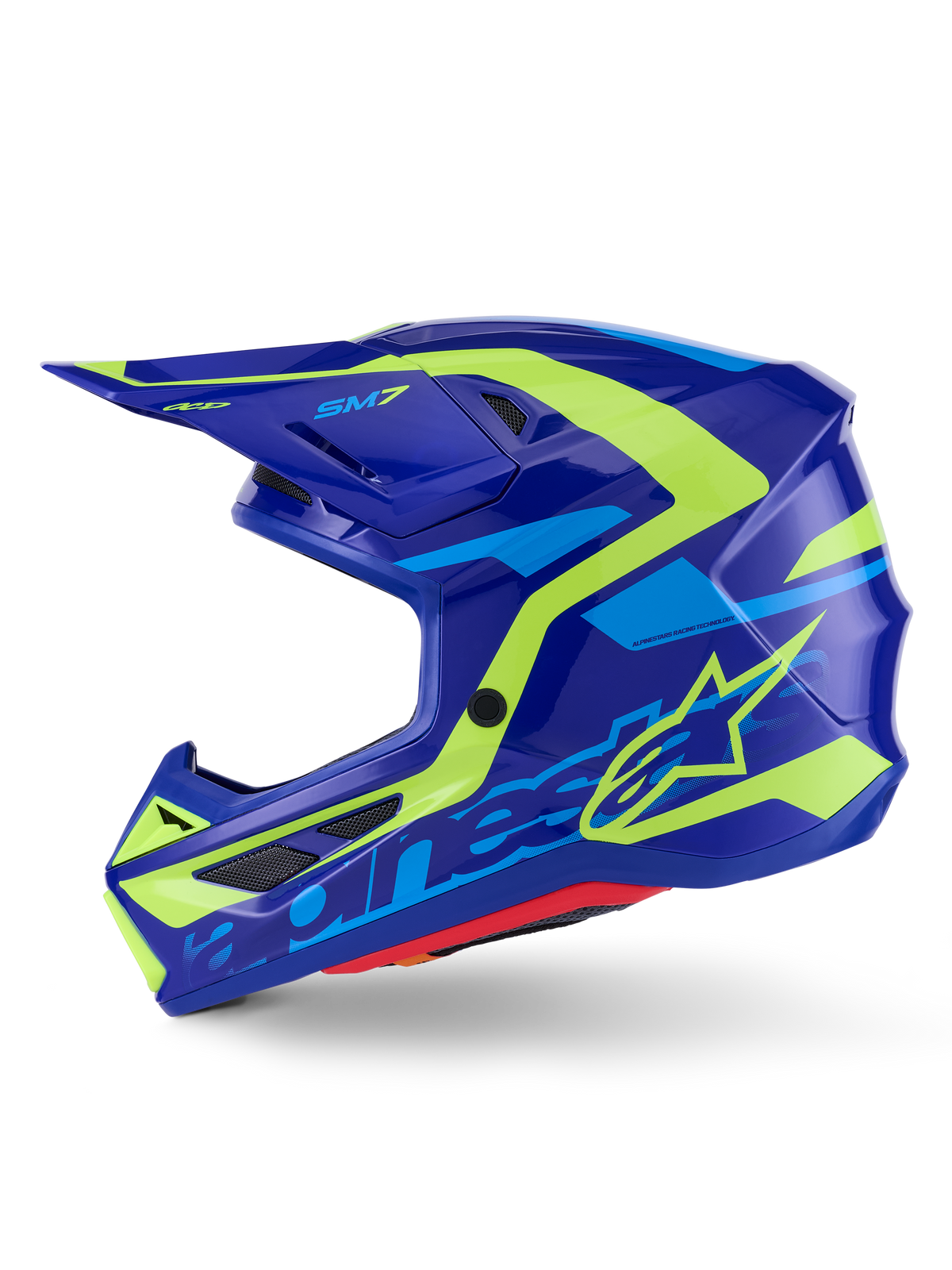 Alpinestars S-M7 Deed-hjälm, motocrosshjälm, blå och neongul (fluo) glansig, sidovy, aerodynamiskt kompositskal med grafik i gult och ljusblått, nätbelagda ventilationsöppningar och visir för terrängprestanda