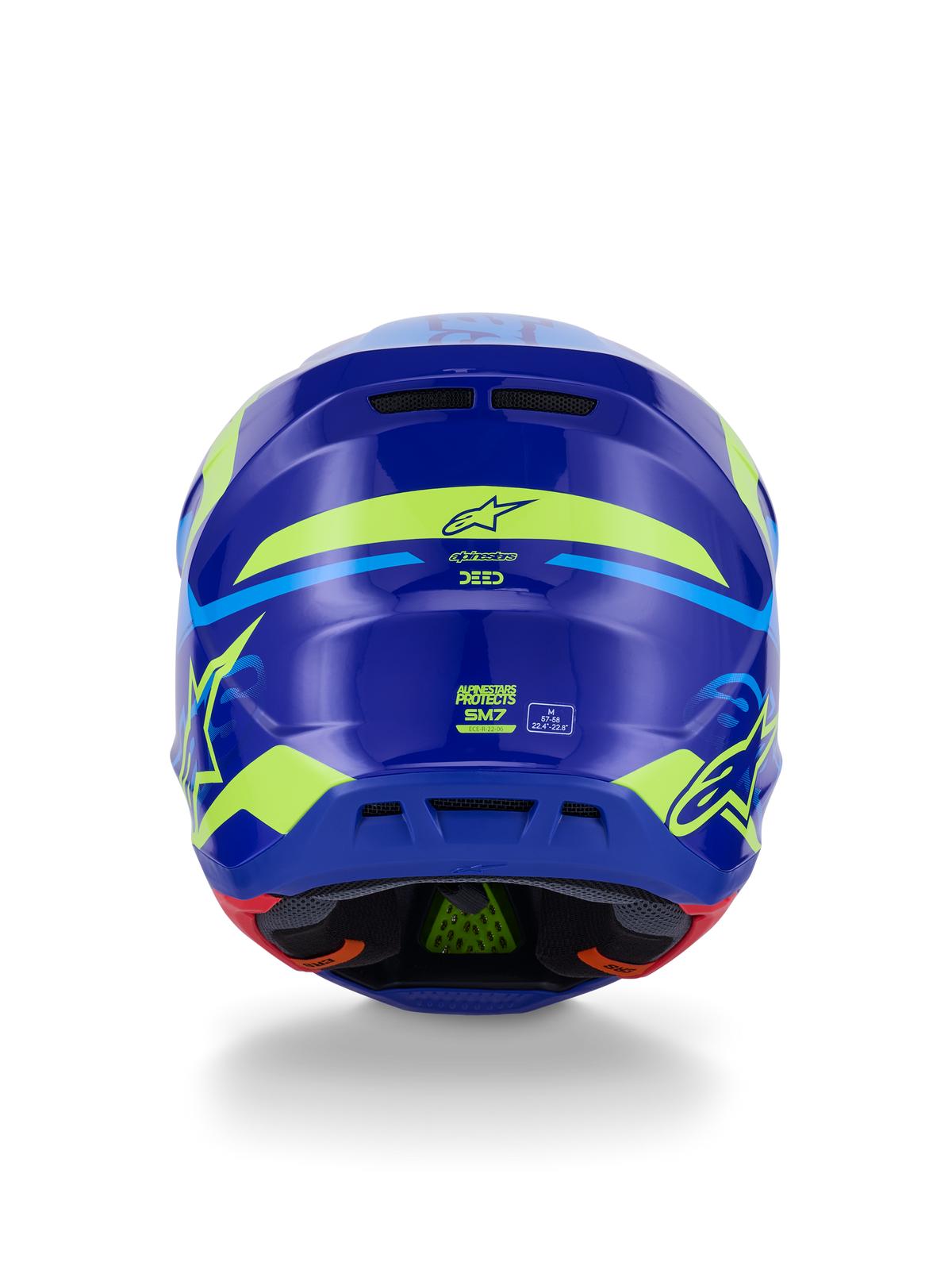 Alpinestars S-M7 Deed-hjälm ECE 22.06, motocrosshjälm, vy bakifrån, Blue Yellow Fluo Glossy, med framträdande fluorgul grafik och stjärnlogotyper, bakre ventilationsportar och synlig invändig vaddering med grön PLASMA-teknik.
