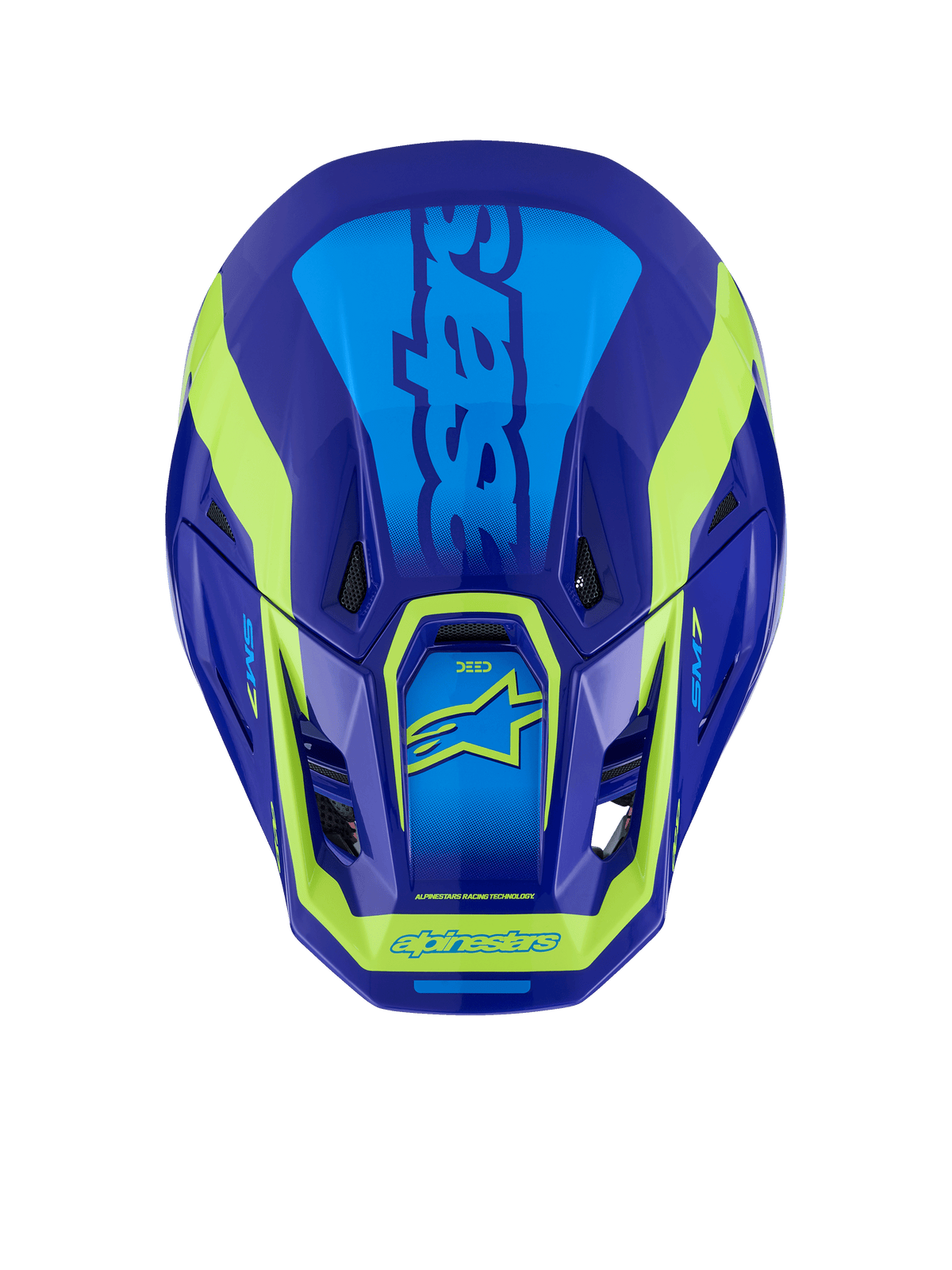 Alpinestars S-M7 Deed-hjälm, motocrosshjälm, blå och neongul glansig finish, vy uppifrån som visar det aerodynamiska skalet, ventilationsöppningar och distinkt neongul branding mot en mörkblå yta.
