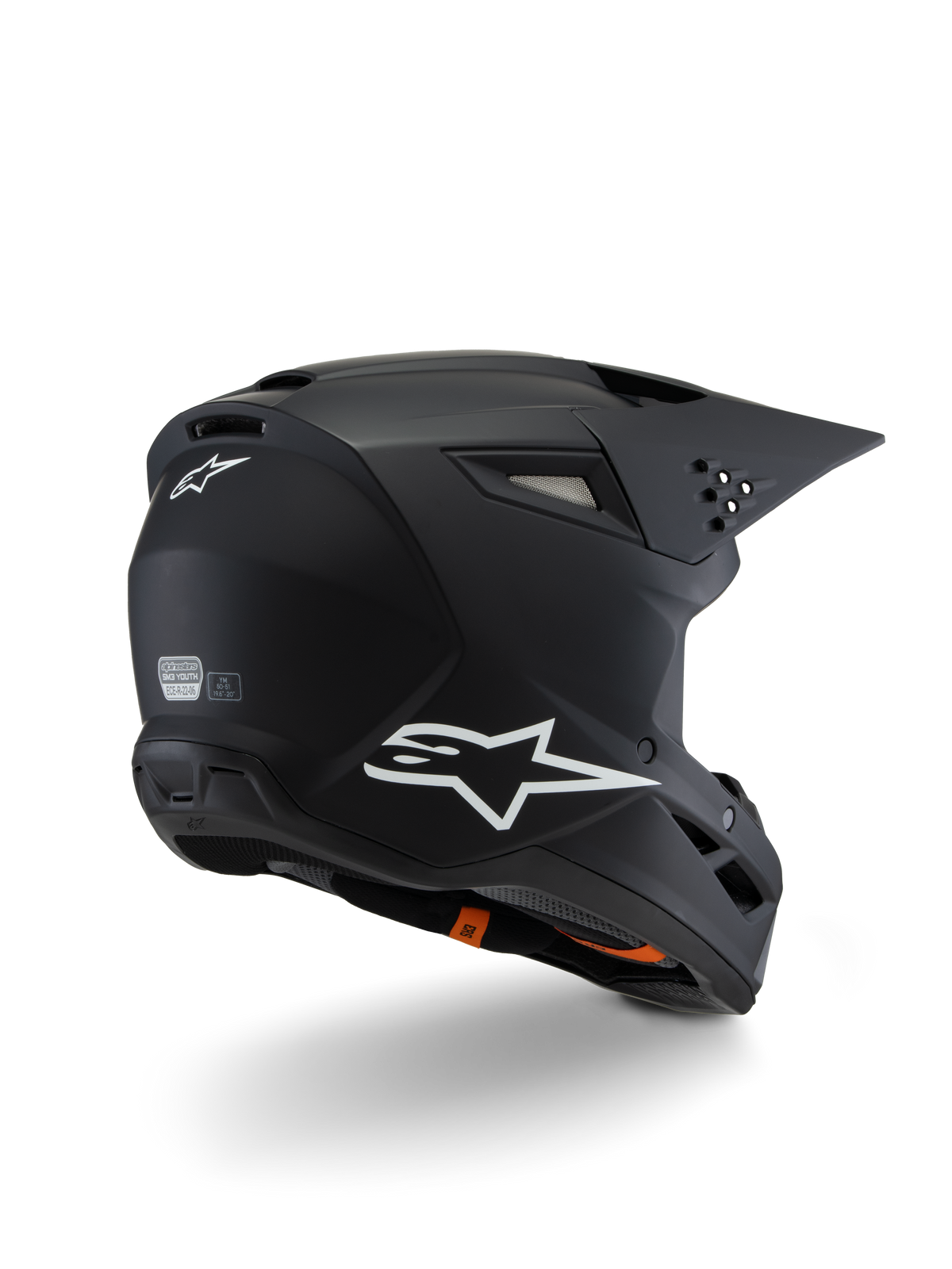 Alpinestars S-M3 Youth Solid Helmet ECE 22.06, motocrosshjälm, mattsvart, vy snett bakifrån med vita Alpinestars-logotyper, strömlinjeformad skaldesign med integrerad skärm och ventilationsöppningar, skyddsutrustning för ungdomar för terrängkörning