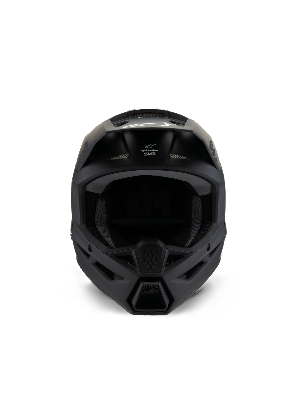 Alpinestars S-M3 Youth Solid-hjälm, motocrosshjälm, mattsvart, vy framifrån, med matt finish, ventilationsöppningar på hakpartiet och pannan, vit SM3-logotyp, strömlinjeformad aerodynamisk design för terrängkörning