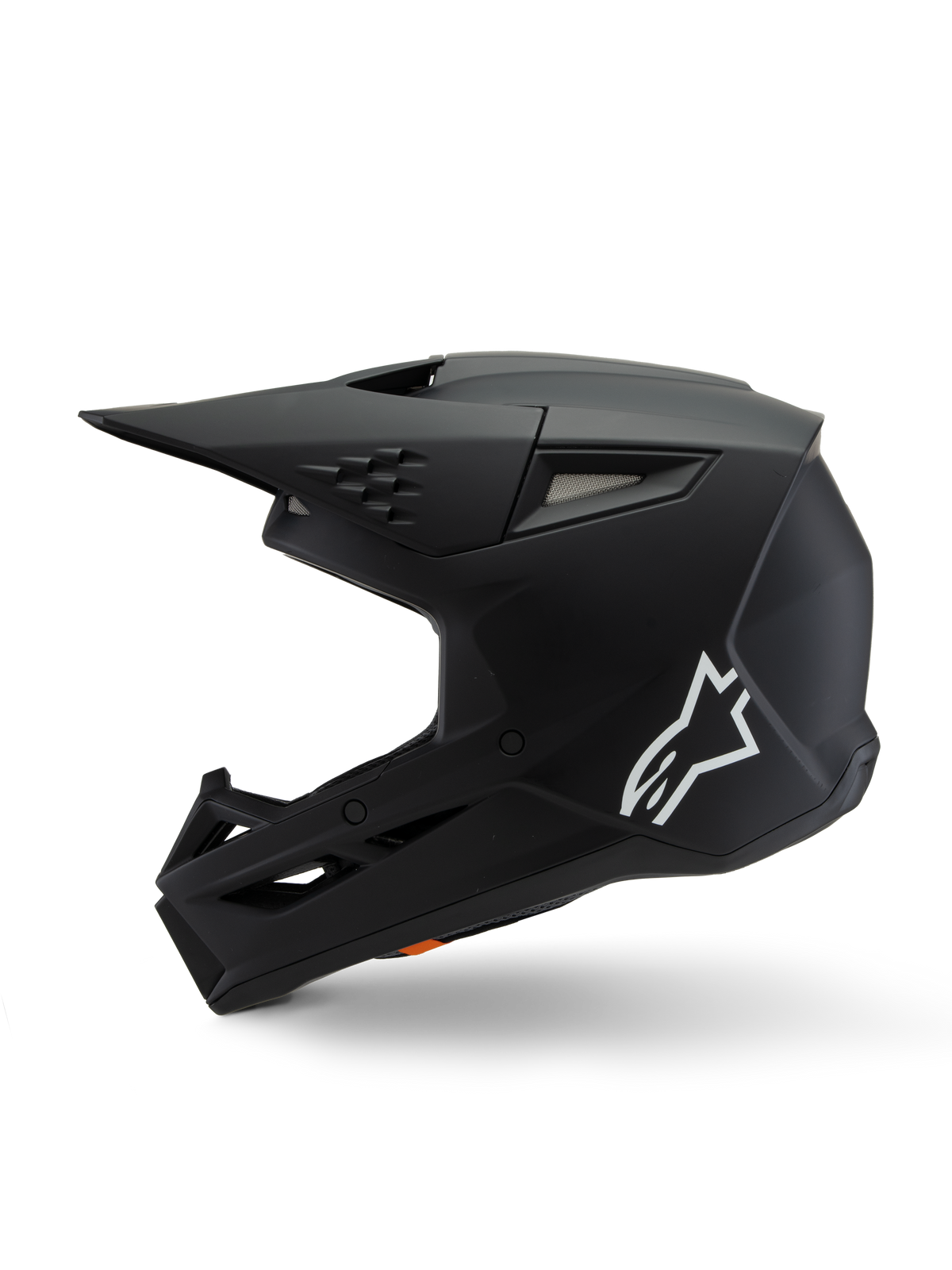 Alpinestars S-M3 Youth Solid Helmet ECE 22.06, motocrosshjälm, matt svart, sidoprofil med vit Alpinestars-logotyp, aerodynamiskt skal med ventilationsöppningar i mesh och integrerat visir, skyddande huvudskydd för ungdomar för terrängkörning