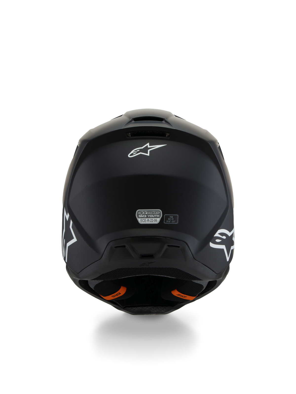 Alpinestars S-M3 Youth Solid hjälm ECE 22.06, motocrosshjälm, matt svart, vy bakifrån som visar vita stjärnlogotyper och ECE-certifieringsdekal, orangea flikar för Emergency Release System, strömlinjeformat skyddsskal för ungdomsförare