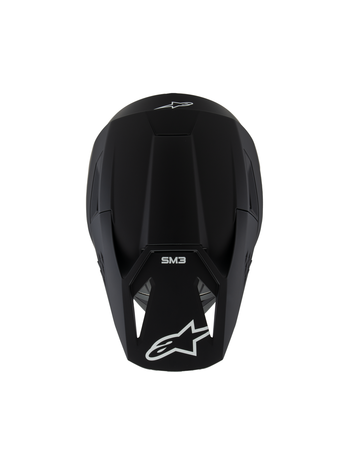 Alpinestars S-M3 Youth Solid-hjälm ECE 22.06, motocrosshjälm, mattsvart, vy uppifrån som visar vita logotyper och SM3-märkning, elegant aerodynamisk design för terrängkörning
