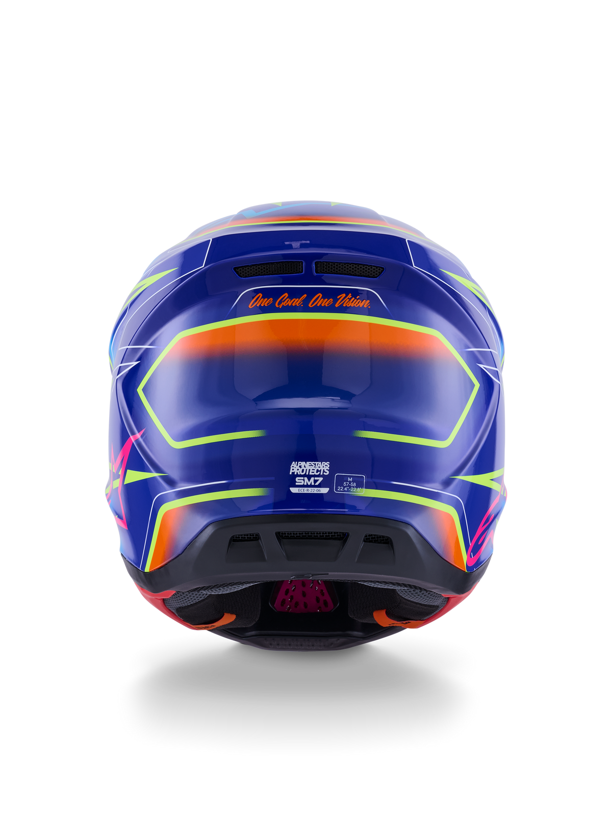 Alpinestars S-M7 Cast Helmet ECE 22.06, Motocross Helmet, Blue Pink and Yellow Fluo Glossy, rear view showing 'One Goal. One Vision.' slogan, aerodynamic composite shell with integrated ventilation ports and vibrant neon accents