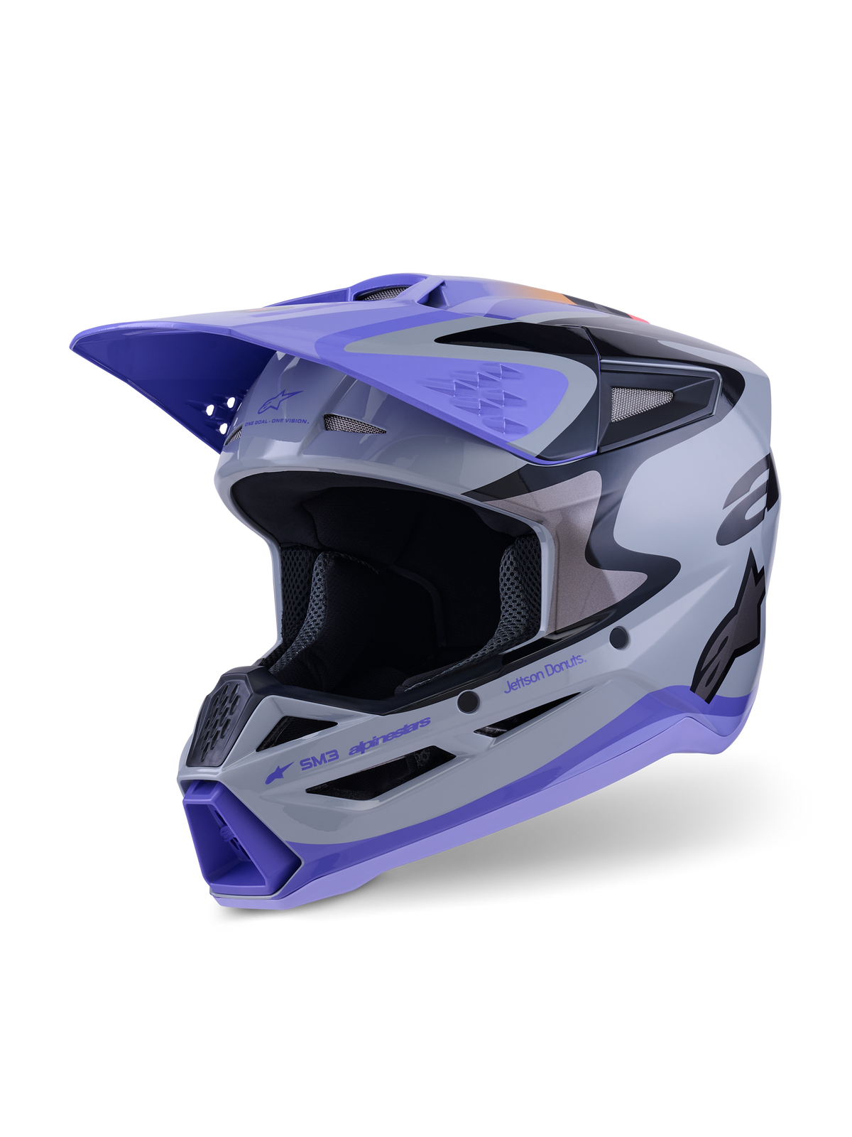 Alpinestars S-M3 Jettson-hjälm ECE 22.06, motocrosshjälm, grå, lila och svart blank, trekvartsvy framifrån med lila skärm, svarta detaljer och flera ventilationsöppningar för terrängkörning.