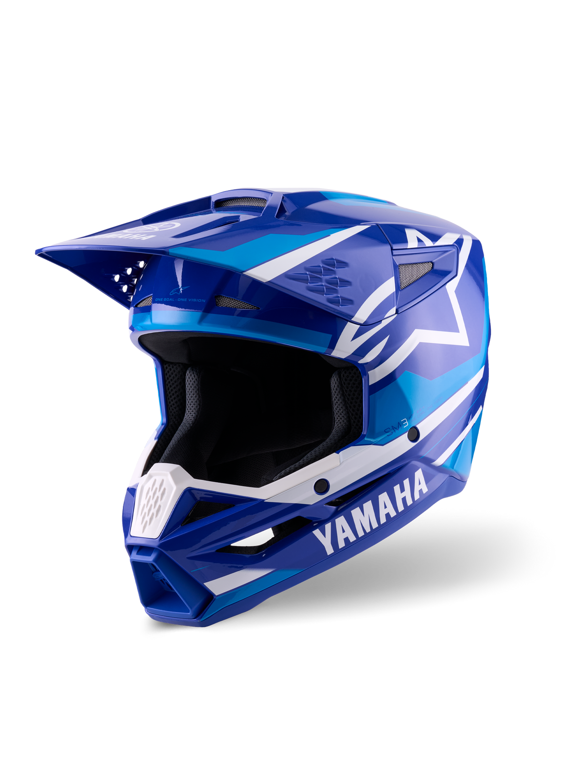 Alpinestars Yamaha S-M3 Helmet, Motocross Helmet, Blue and White Glossy, featuring bold Yamaha branding and Alpinestars star logo, angular design with a peak visor and ventilated chin guard, professional off-road racing gear