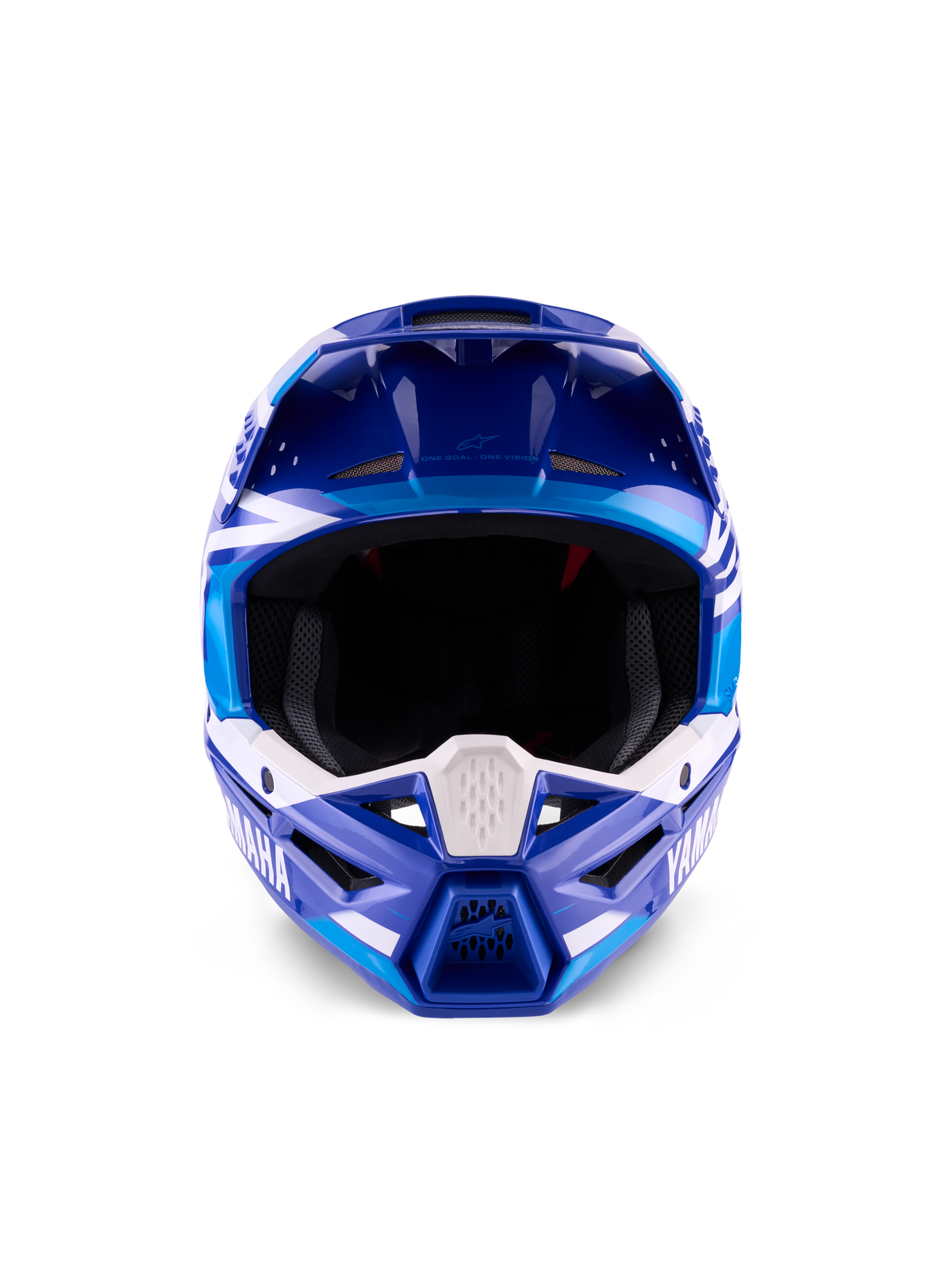 Yamaha S-M3 Helmet ECE 22.06, Motocross Helmet, Blue and White Glossy, front view highlighting the protective chin bar with Yamaha branding and multiple ventilation ports.