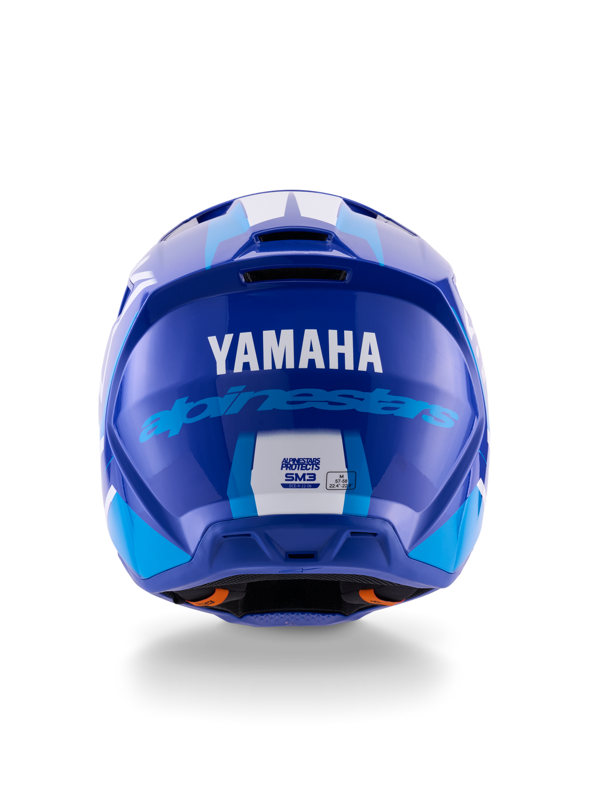 Alpinestars Yamaha S-M3 Helmet, Motocross Helmet, Blue White Glossy, rear view showing white YAMAHA logo and blue Alpinestars script, sleek glossy finish with visible ventilation ports and safety certification labels.