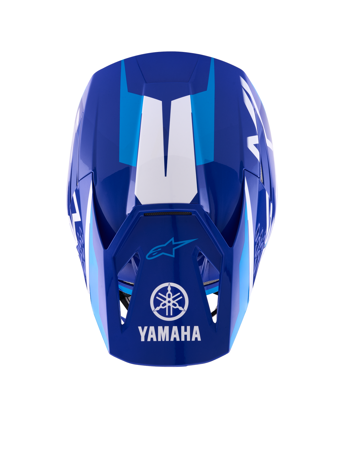 Alpinestars Yamaha S-M3 Helmet, Motocross Helmet, Blue and White Glossy, top-down view showing the visor with white Yamaha logo and wordmark, light blue graphic accents, and aggressive aerodynamic shell design.