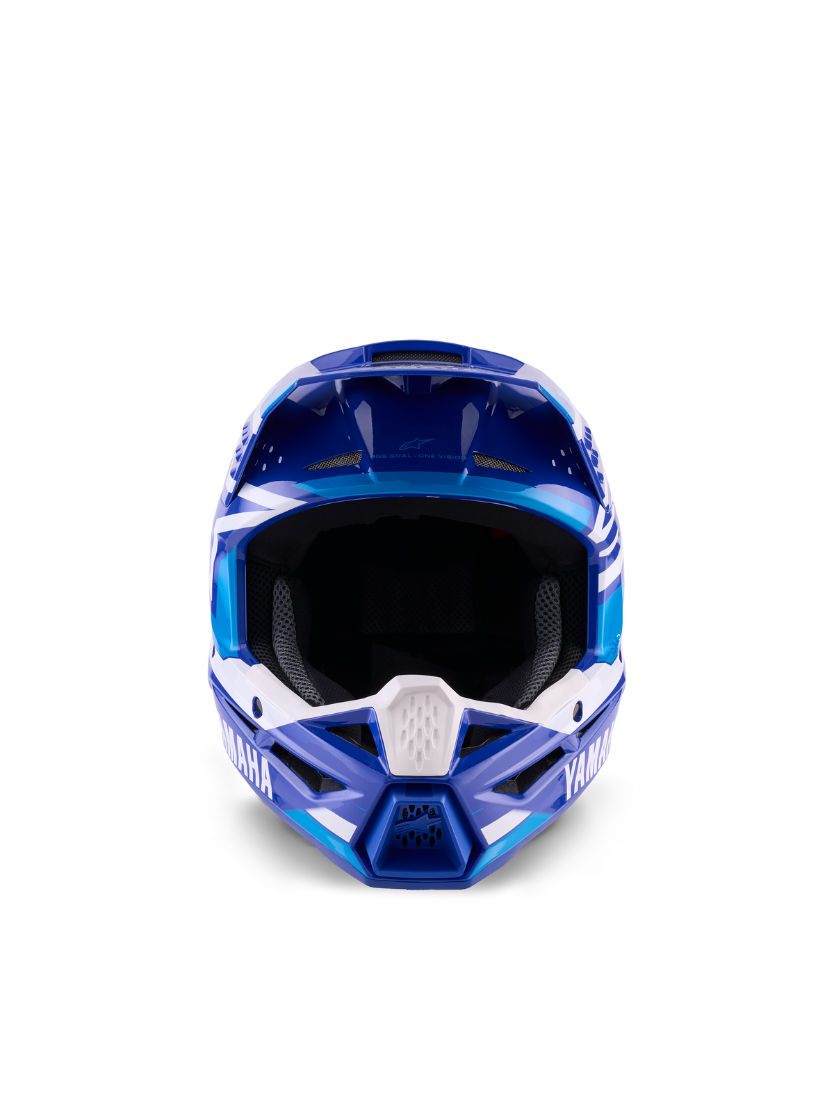 Alpinestars Yamaha S-M3 motocrosshjälm för ungdomar, blå och vit glansig, vy framifrån som framhäver den breda öppningen för goggles och aggressiv design på hakpartiet, Yamaha-logotyp och geometrisk grafik, professionellt huvudskydd för unga terrängförare