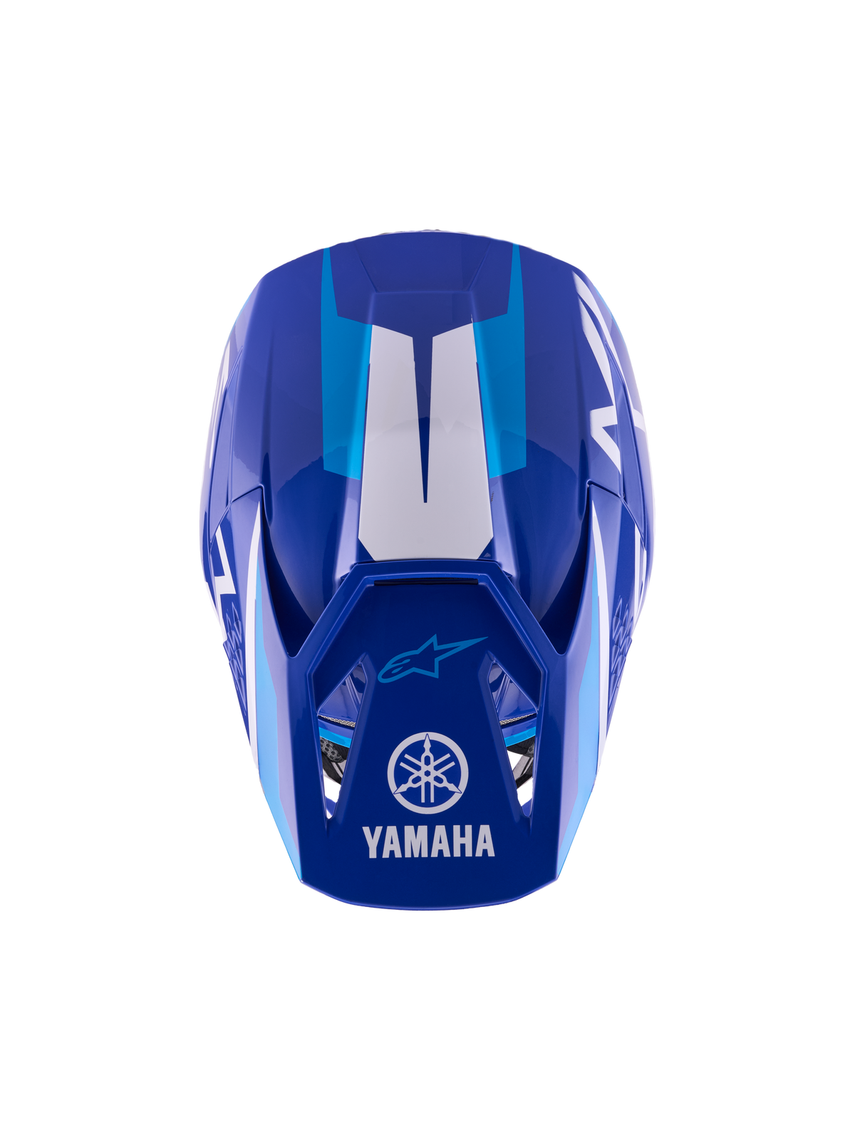 Alpinestars Yamaha S-M3 Youth Motocross Helmet, Blue White Glossy, top-down view showing the outer shell and visor, featuring Yamaha and Alpinestars logos, aerodynamic design with glossy finish and white graphic accents.