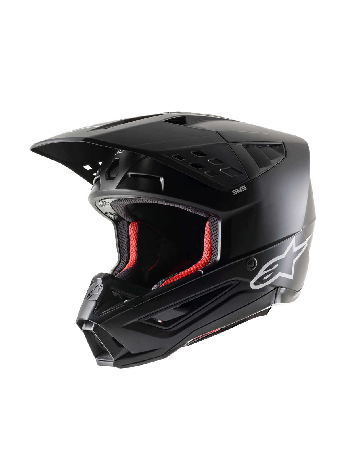 Alpinestars S-M5 Solid Helmet ECE 22.06, Motocross Helmet, Black Matt, three-quarter view, featuring white Alpinestars logo on the side and red interior padding, aerodynamic design with multiple ventilation ports